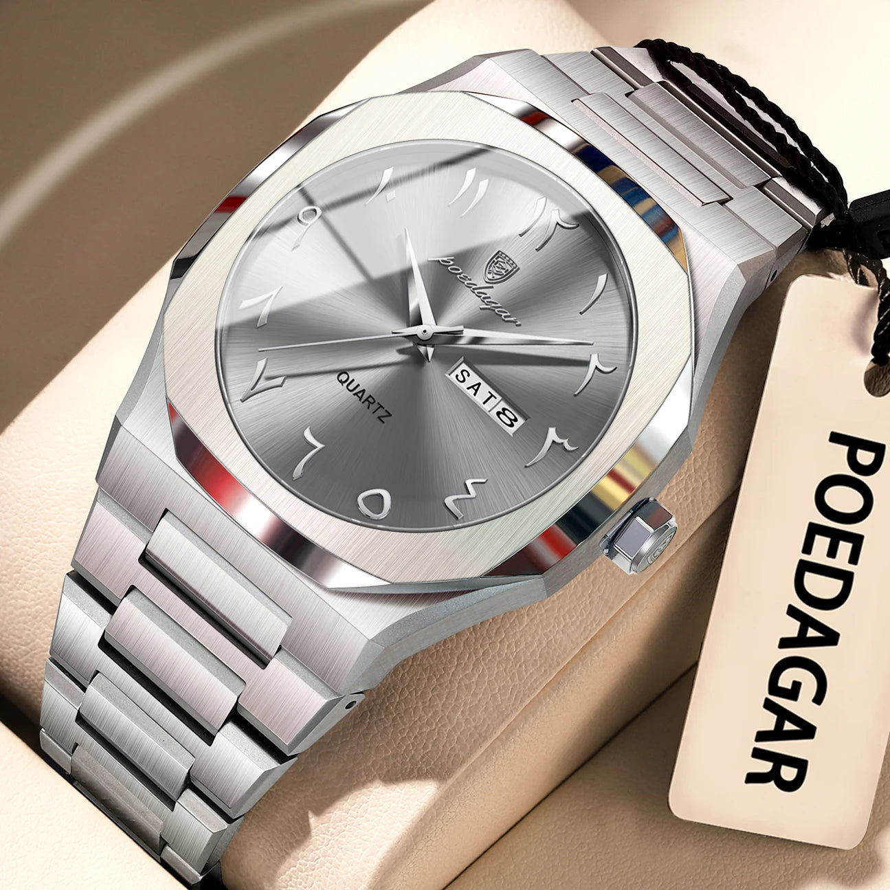 Irregular Shape Full Calendar Watch – Date & Week Display with Hidden Clasp