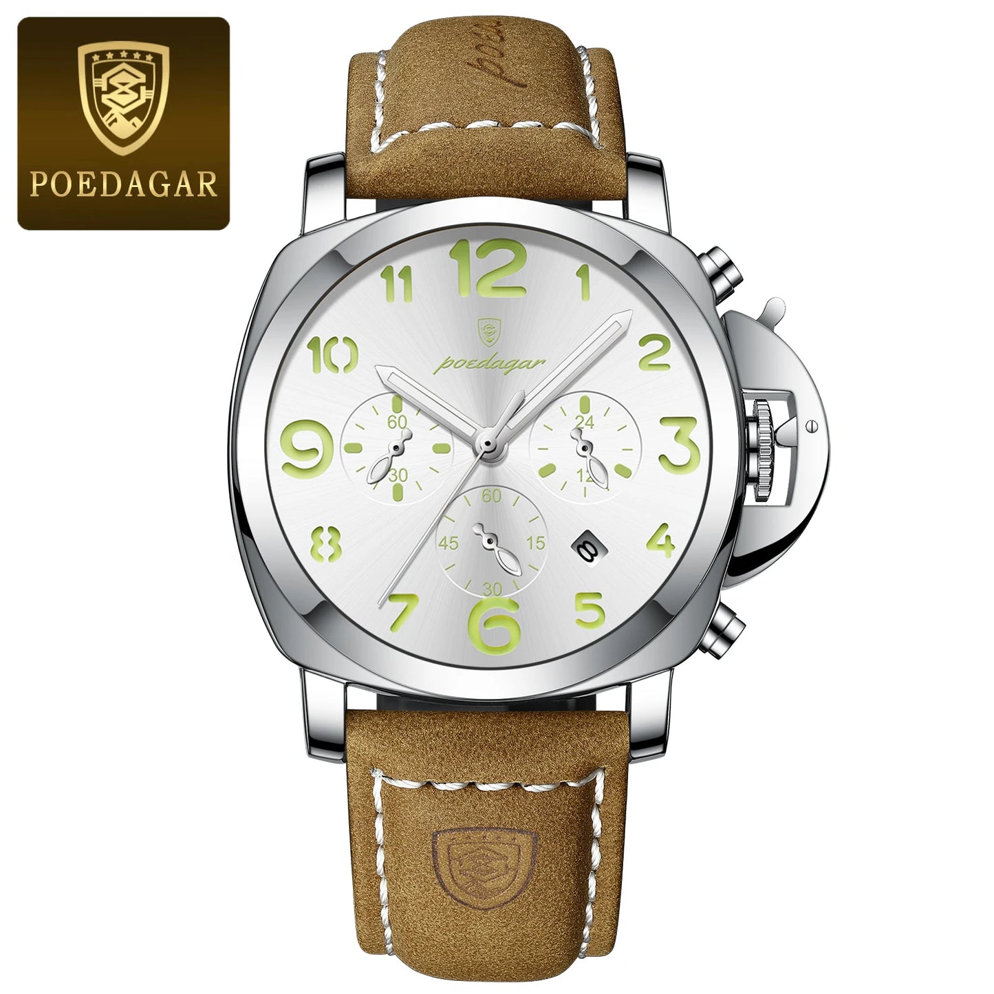 Military Style Chronograph Watch – Luminous Leather Strap with Date