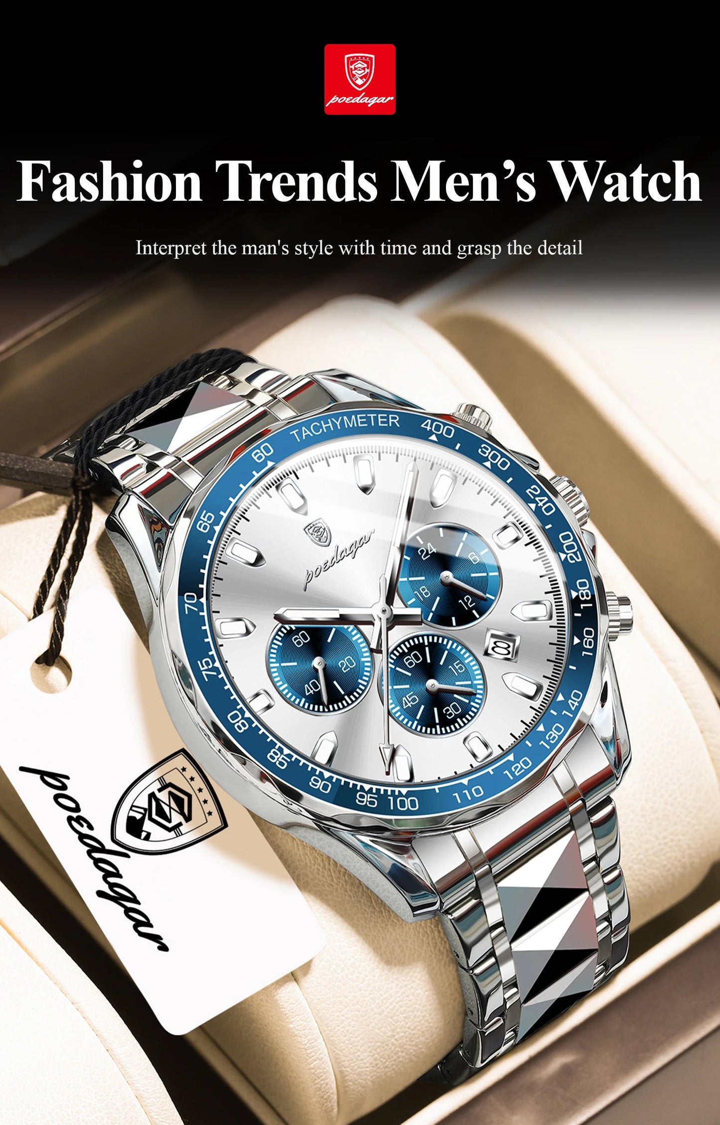 Chronograph Date Watch – Luminous Dial with Hidden Clasp Bracelet