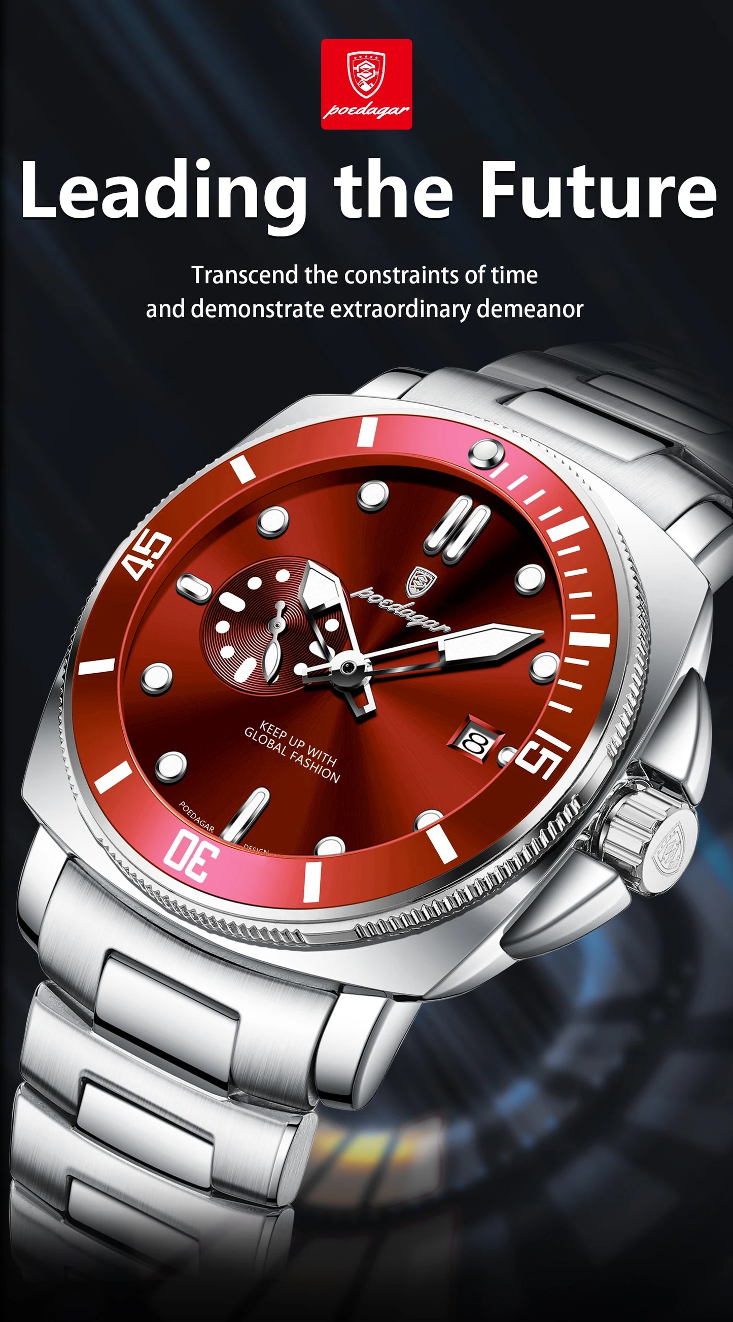 Business Date Watch – Luminous Numberless Dial with Hidden Clasp Bracelet