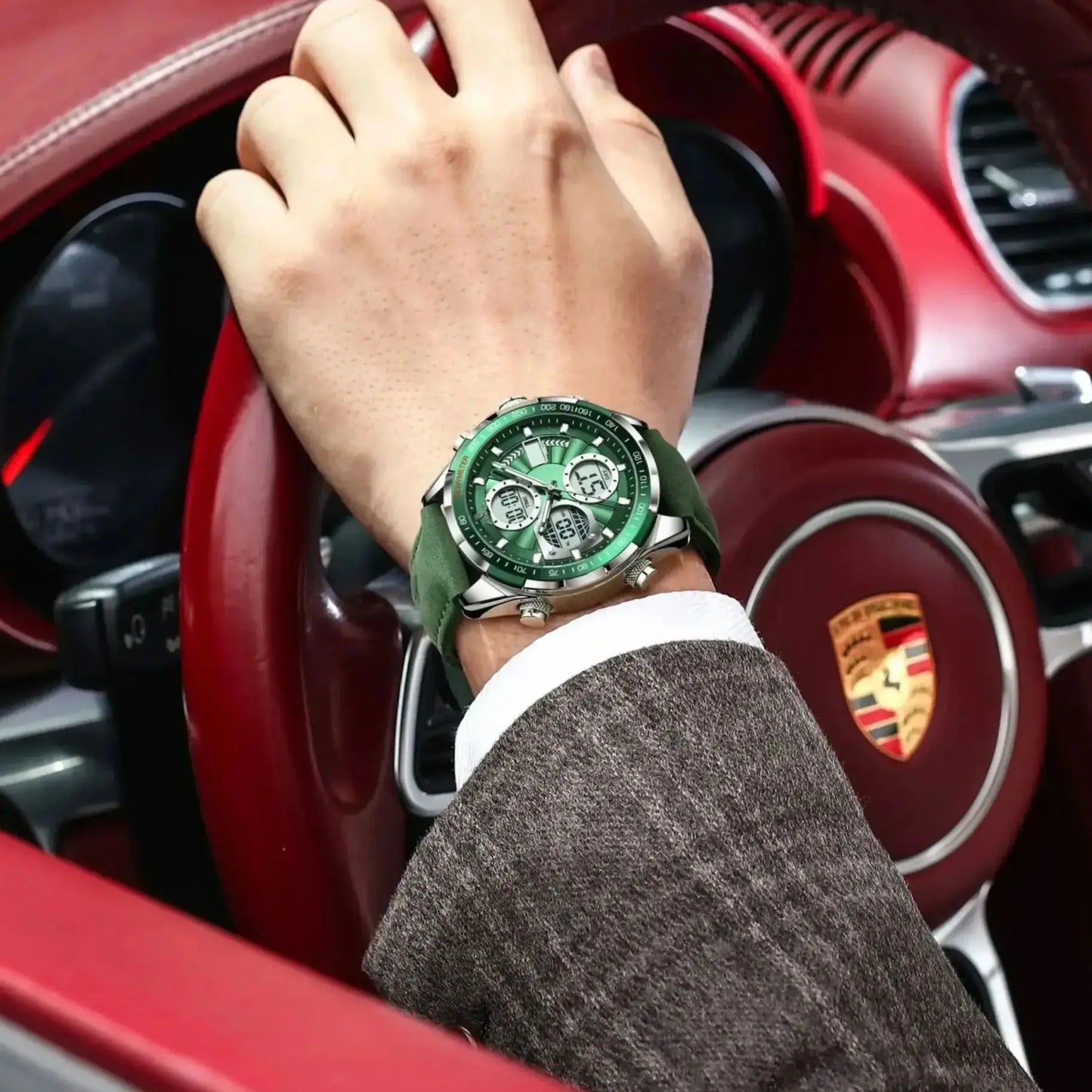 LED Analog-Digital Chronograph Watch – Dual Time & Alarm with Leather Strap