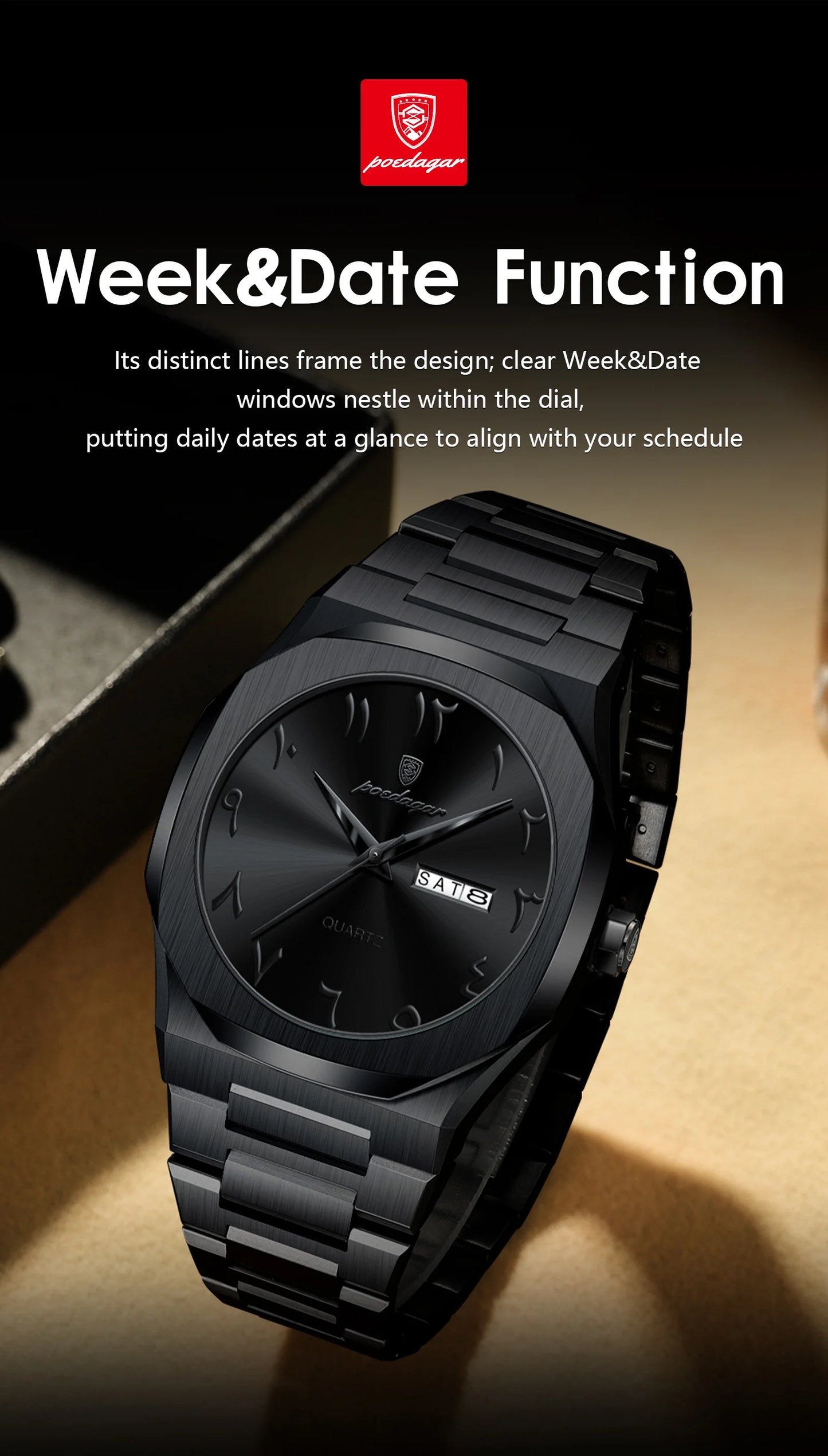 Irregular Shape Stainless Steel Watch – Full Calendar with Date & Week Display