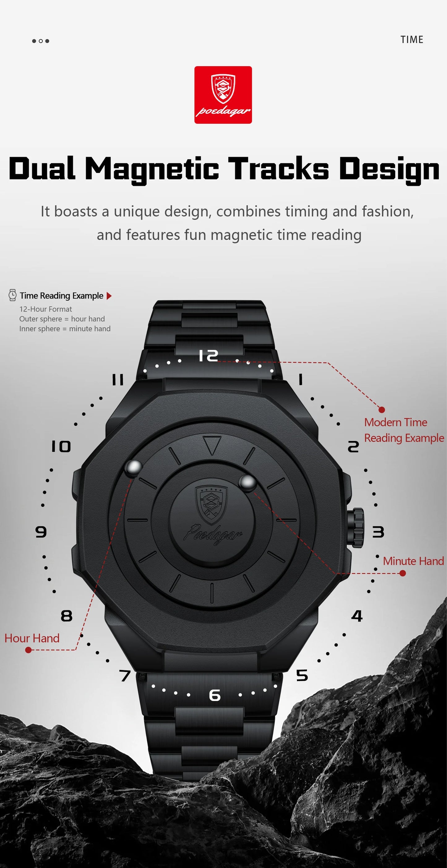 Sculpted Irregular Sport Watch – Large Numberless Dial with Hidden Clasp Bracelet
