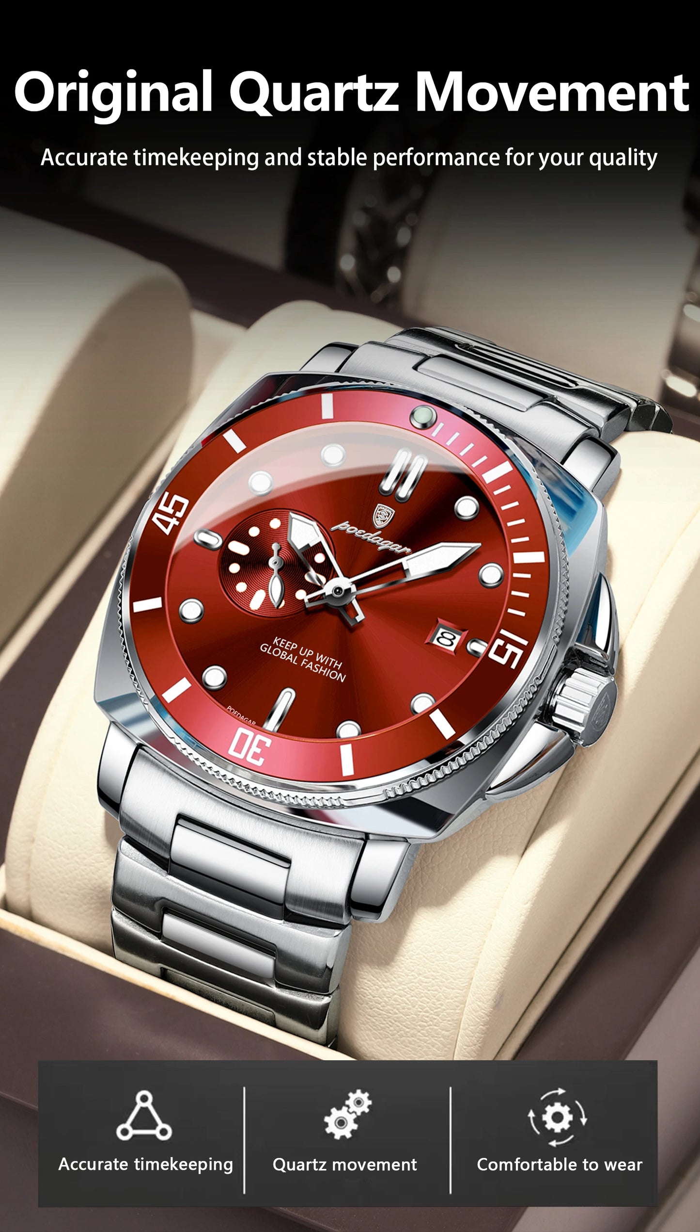 Business Date Watch – Luminous Numberless Dial with Hidden Clasp Bracelet
