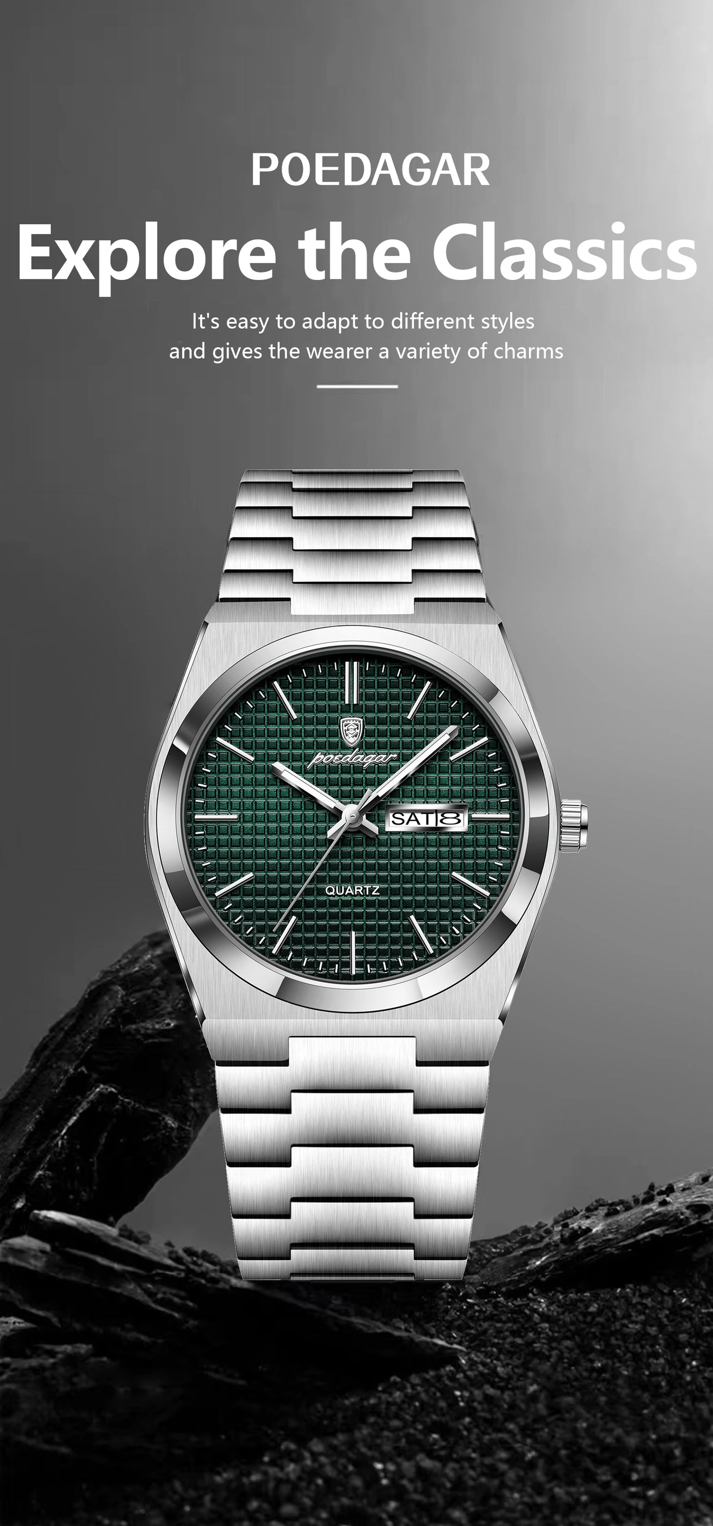Full Calendar Stainless Steel Watch – Luminous Dial with Date, Week & Hidden Clasp