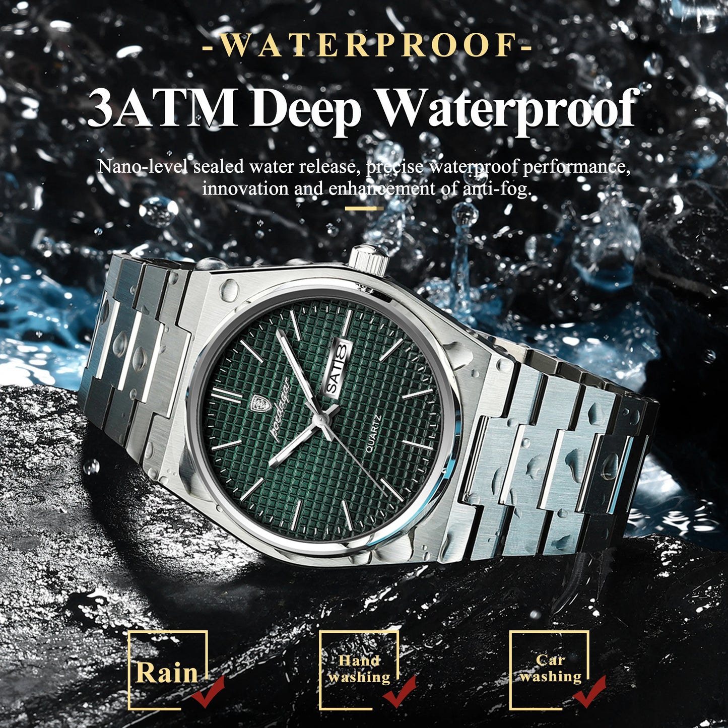 Full Calendar Stainless Steel Watch – Luminous Dial with Date, Week & Hidden Clasp