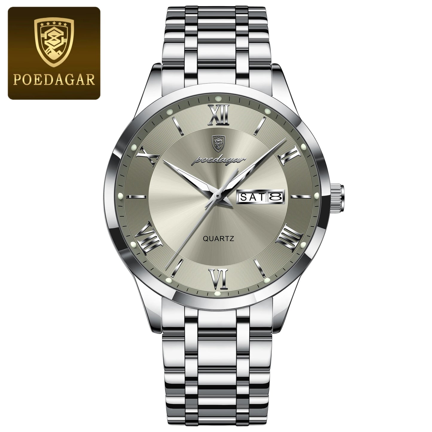 Roman Numeral Full Calendar Watch – Luminous Dial with Hidden Clasp Bracelet