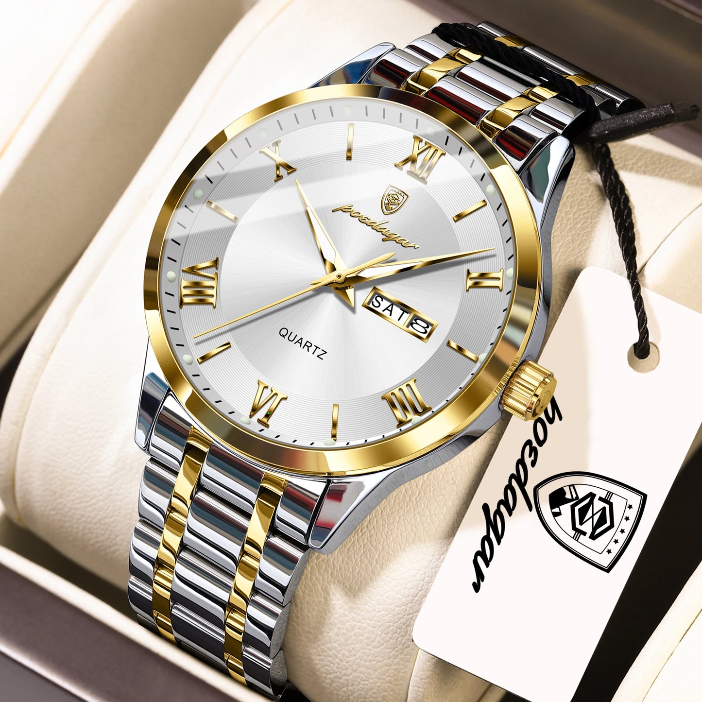 Full Calendar Stainless Steel Watch – Luminous Dial with Date, Week & Hidden Clasp
