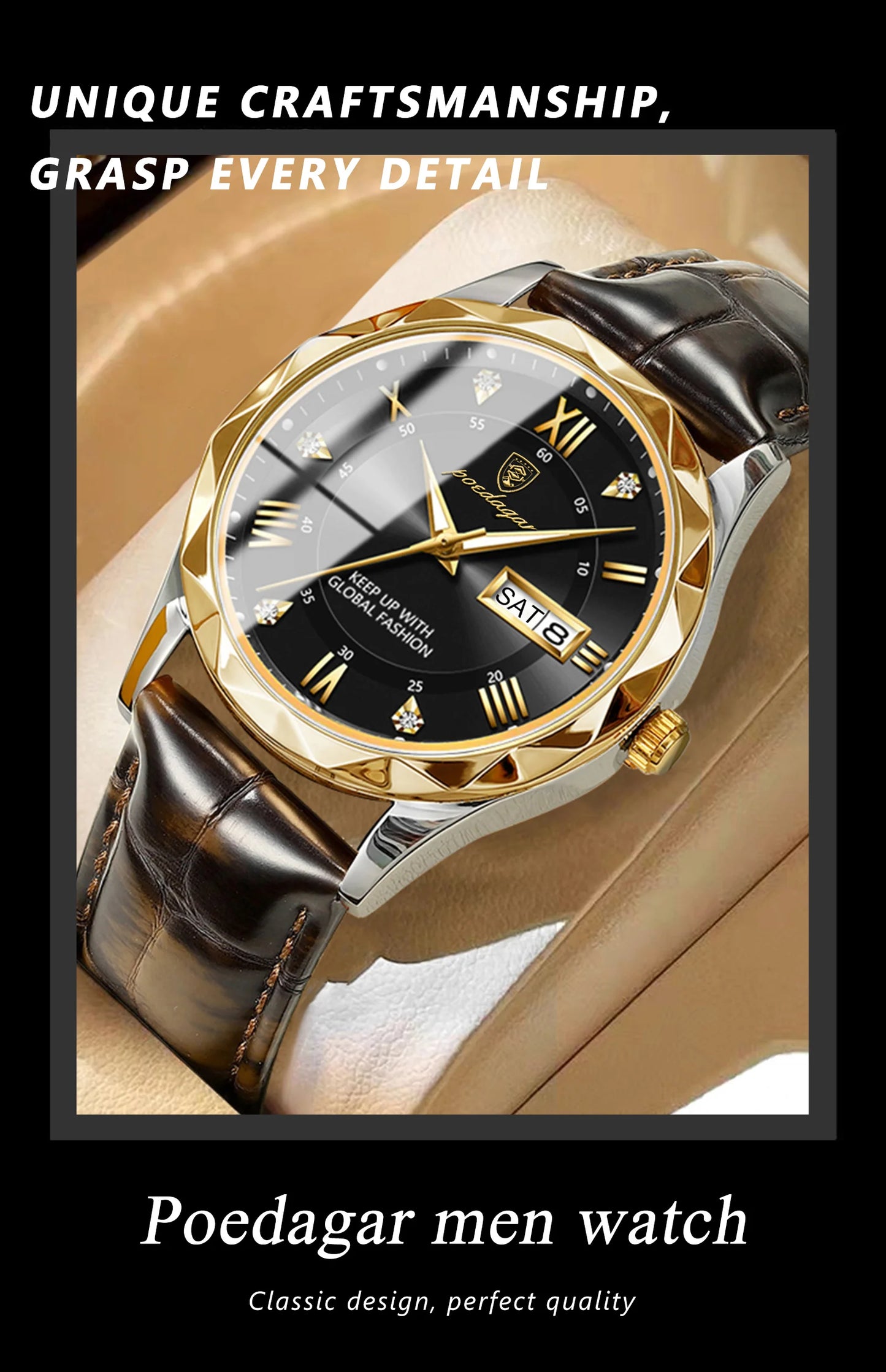 Roman Numeral Full Calendar Watch – Leather Strap with Date, Week & Luminous Dial