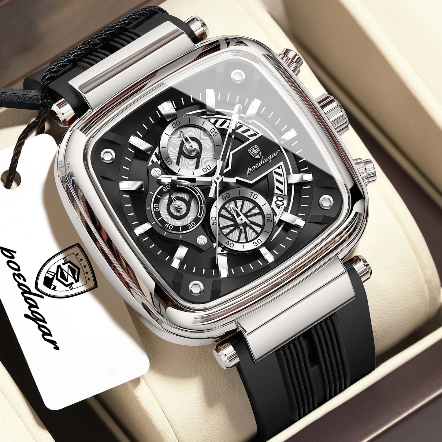 Square Chronograph Sport Watch – Luminous Dial with Silicone Strap & Date