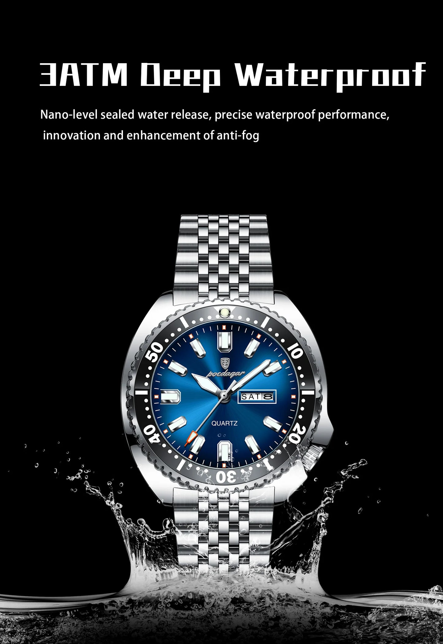 Large Full Calendar Watch – Luminous Numberless Dial with Hidden Clasp Bracelet