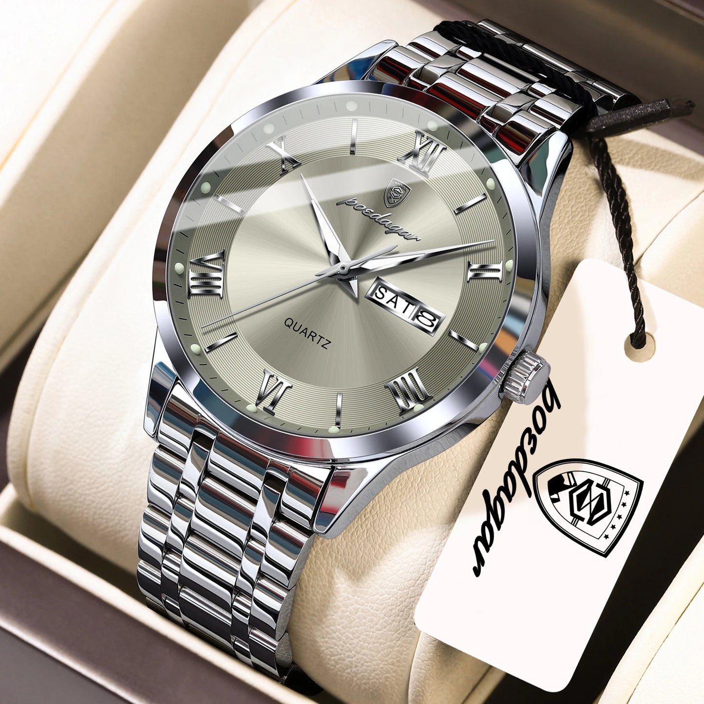 Full Calendar Stainless Steel Watch – Luminous Dial with Date, Week & Hidden Clasp