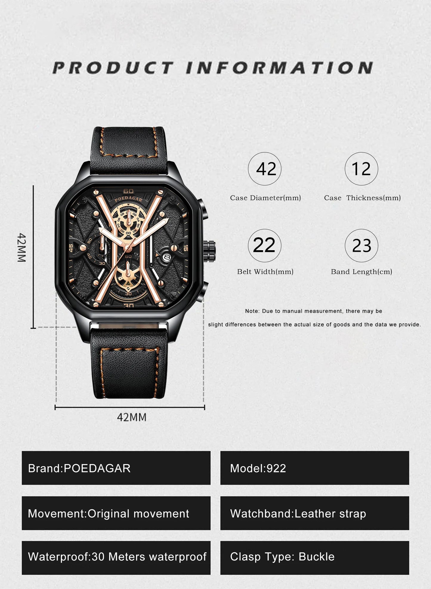 Square Chronograph Watch – Full Calendar with Leather Strap & Luminous Dial