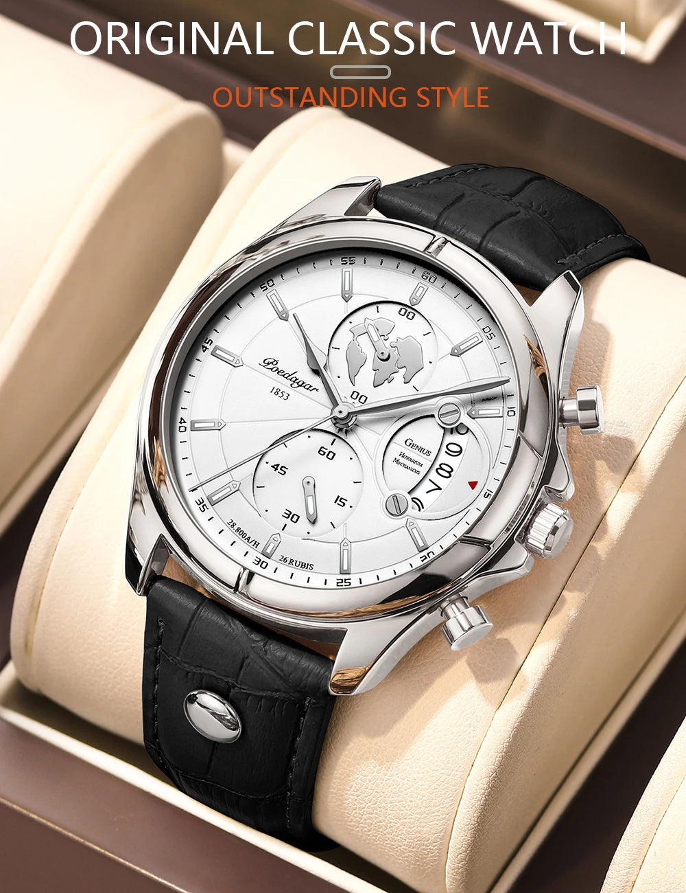 Chronograph Leather Watch – Full Calendar & Luminous Dial
