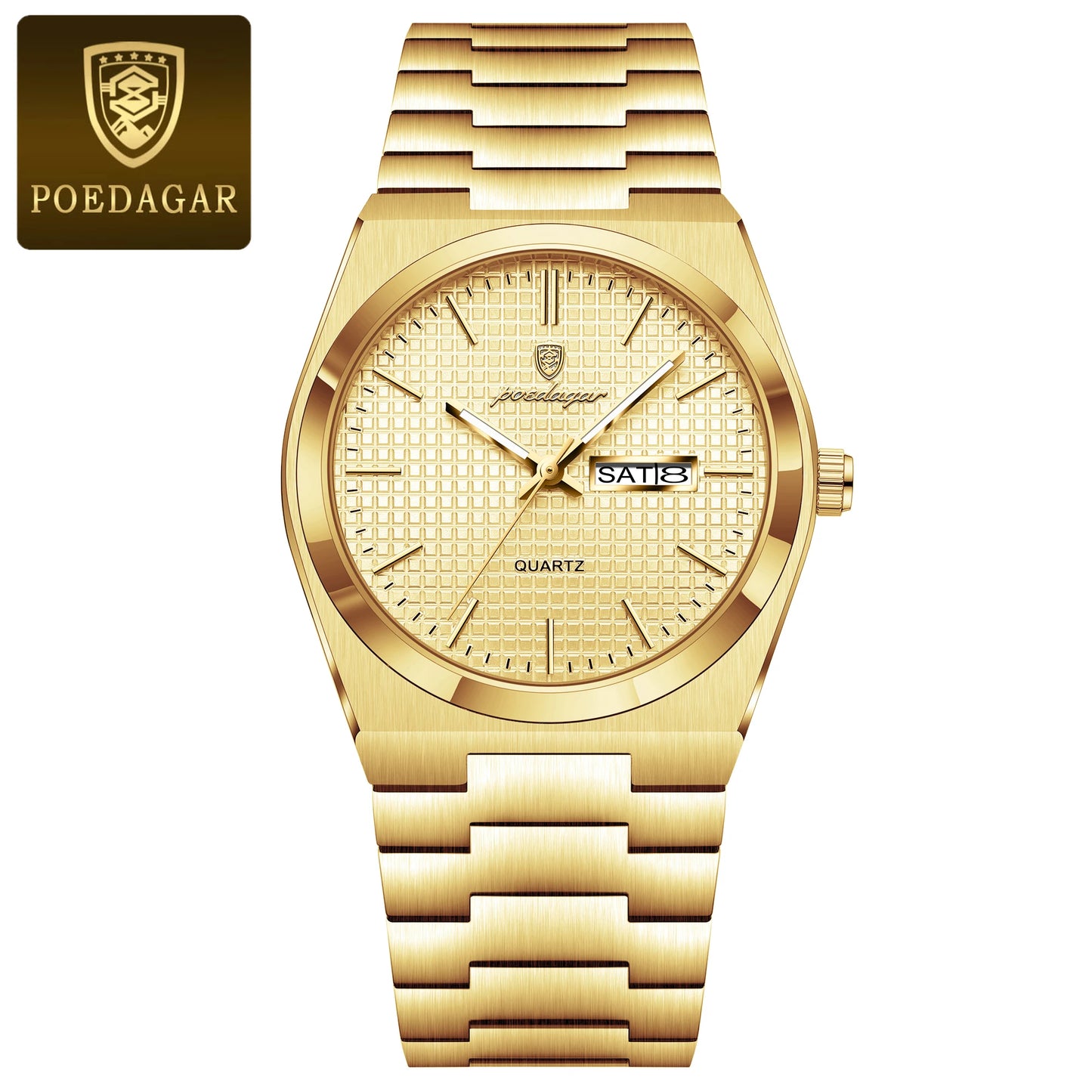 Full Calendar Stainless Steel Watch – Luminous Dial with Date, Week & Hidden Clasp