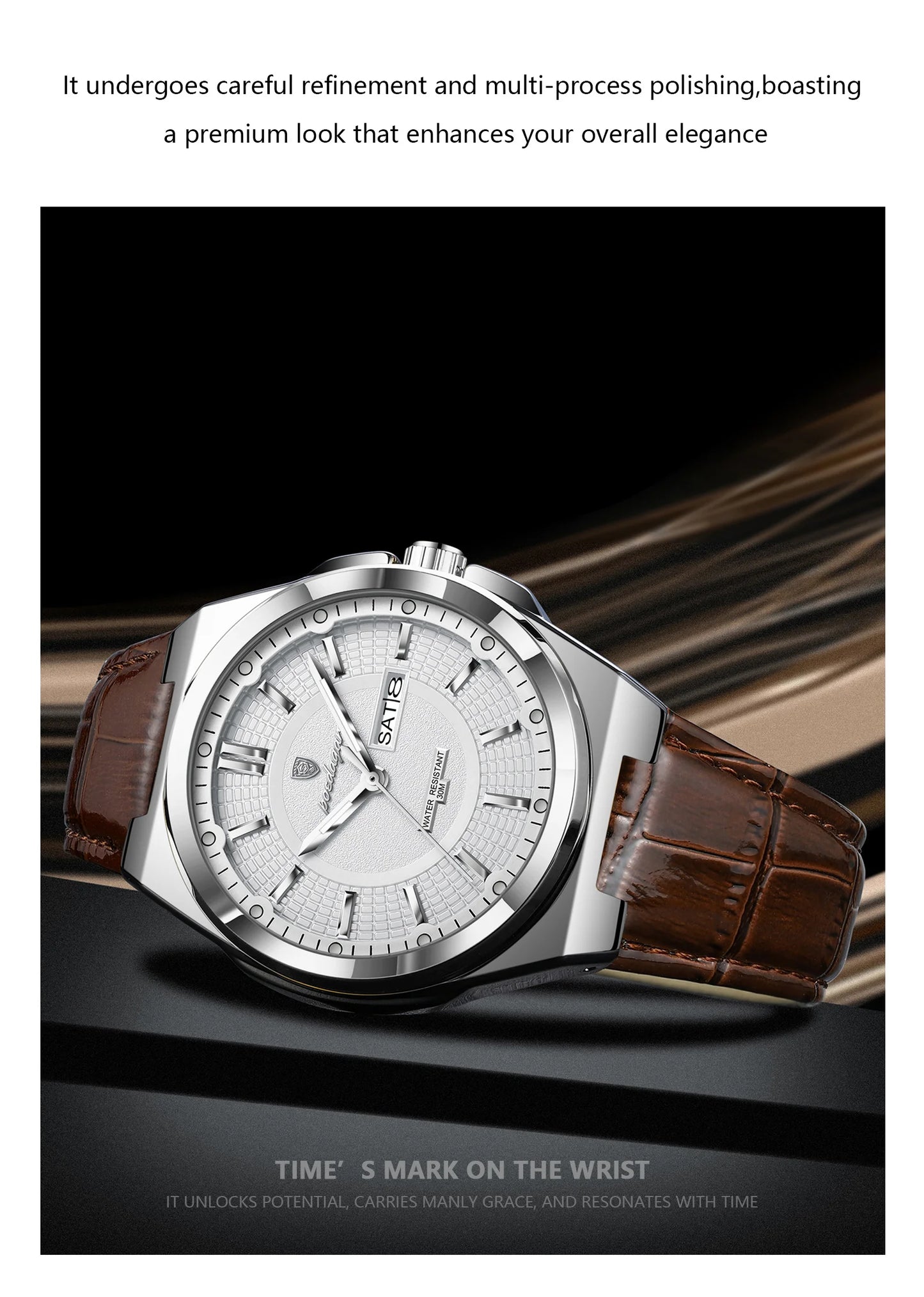 Full Calendar Leather Watch – Luminous Dial with Date & Week Display