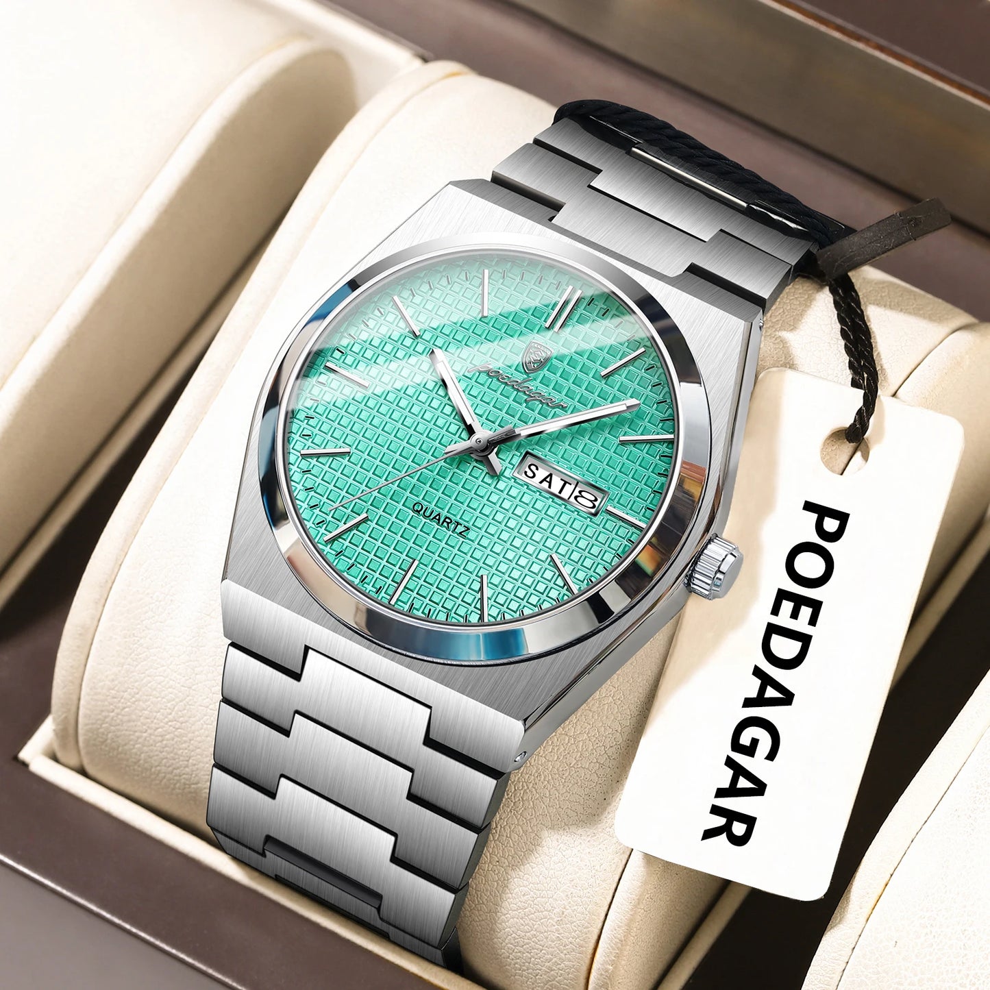 Full Calendar Stainless Steel Watch – Luminous Dial with Hidden Clasp Bracelet