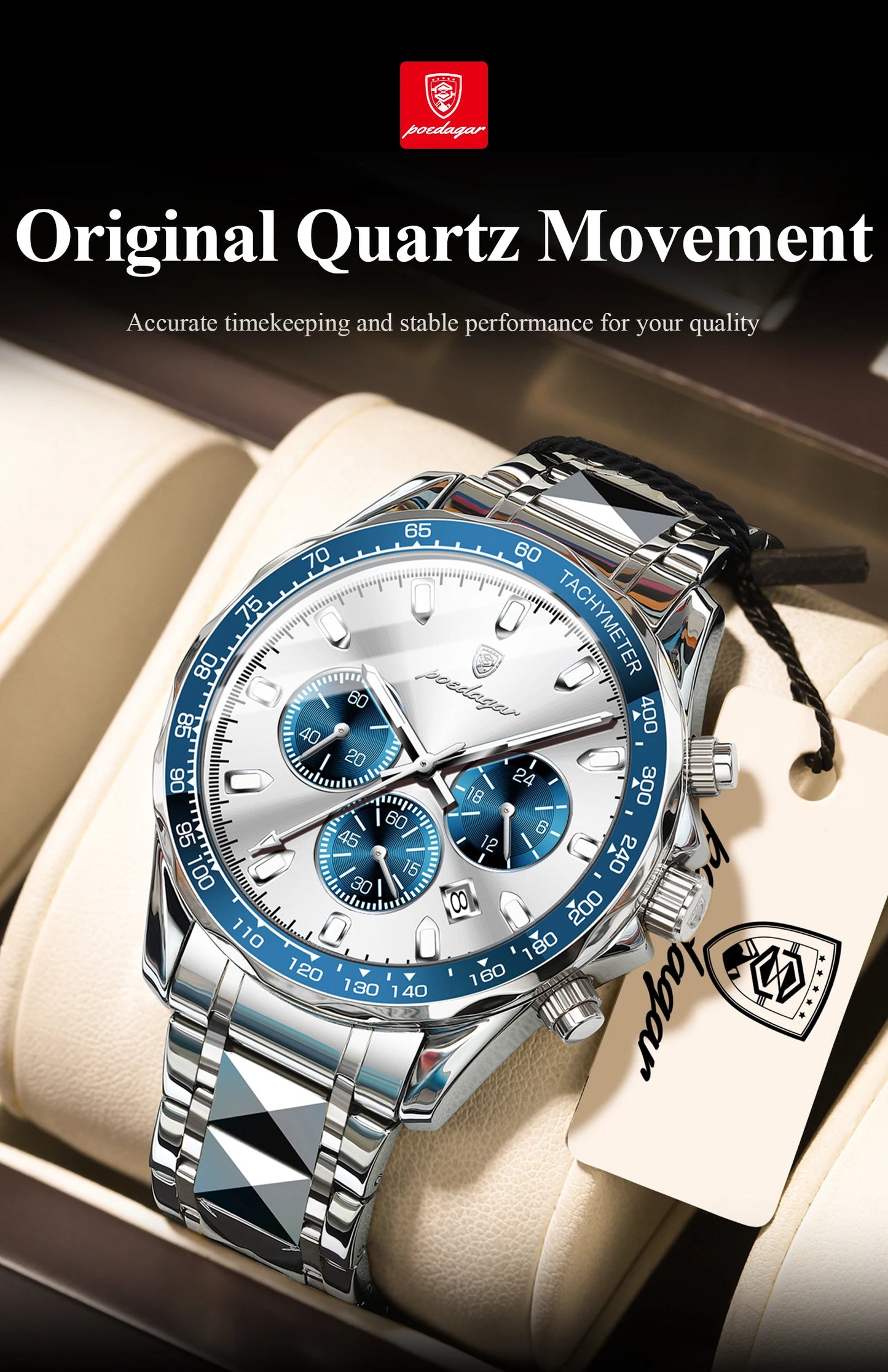 Chronograph Date Watch – Luminous Dial with Hidden Clasp Bracelet