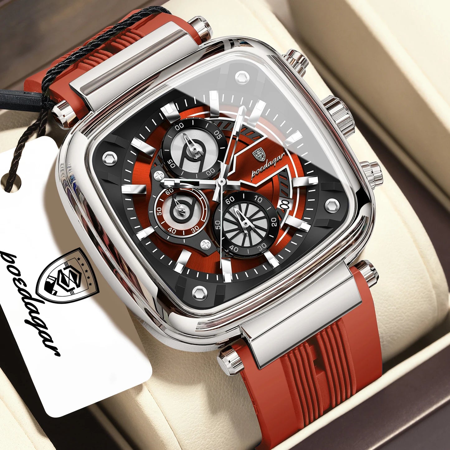 Square Chronograph Sport Watch – Luminous Dial with Silicone Strap & Date