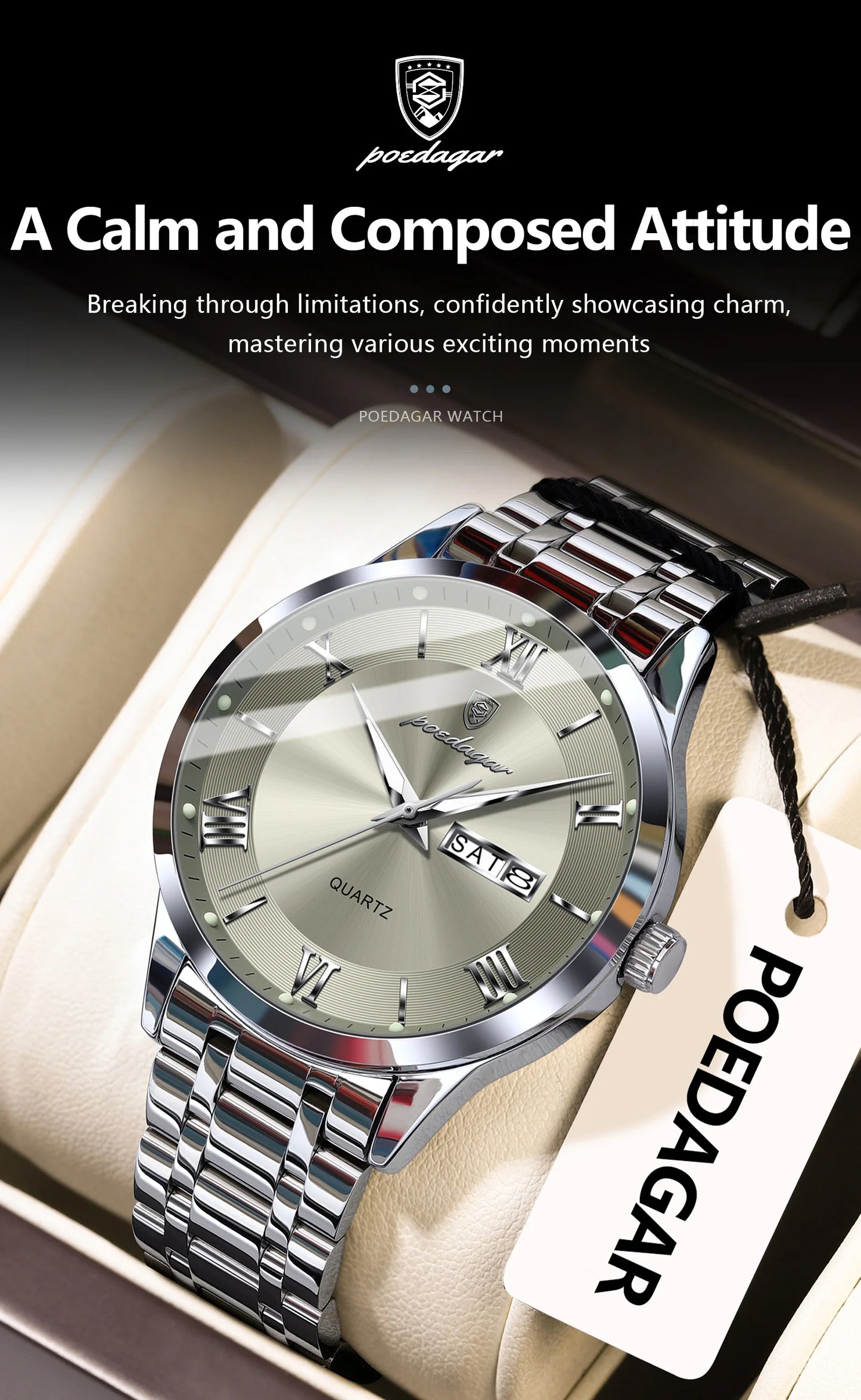 Roman Numeral Full Calendar Watch – Luminous Dial with Hidden Clasp Bracelet