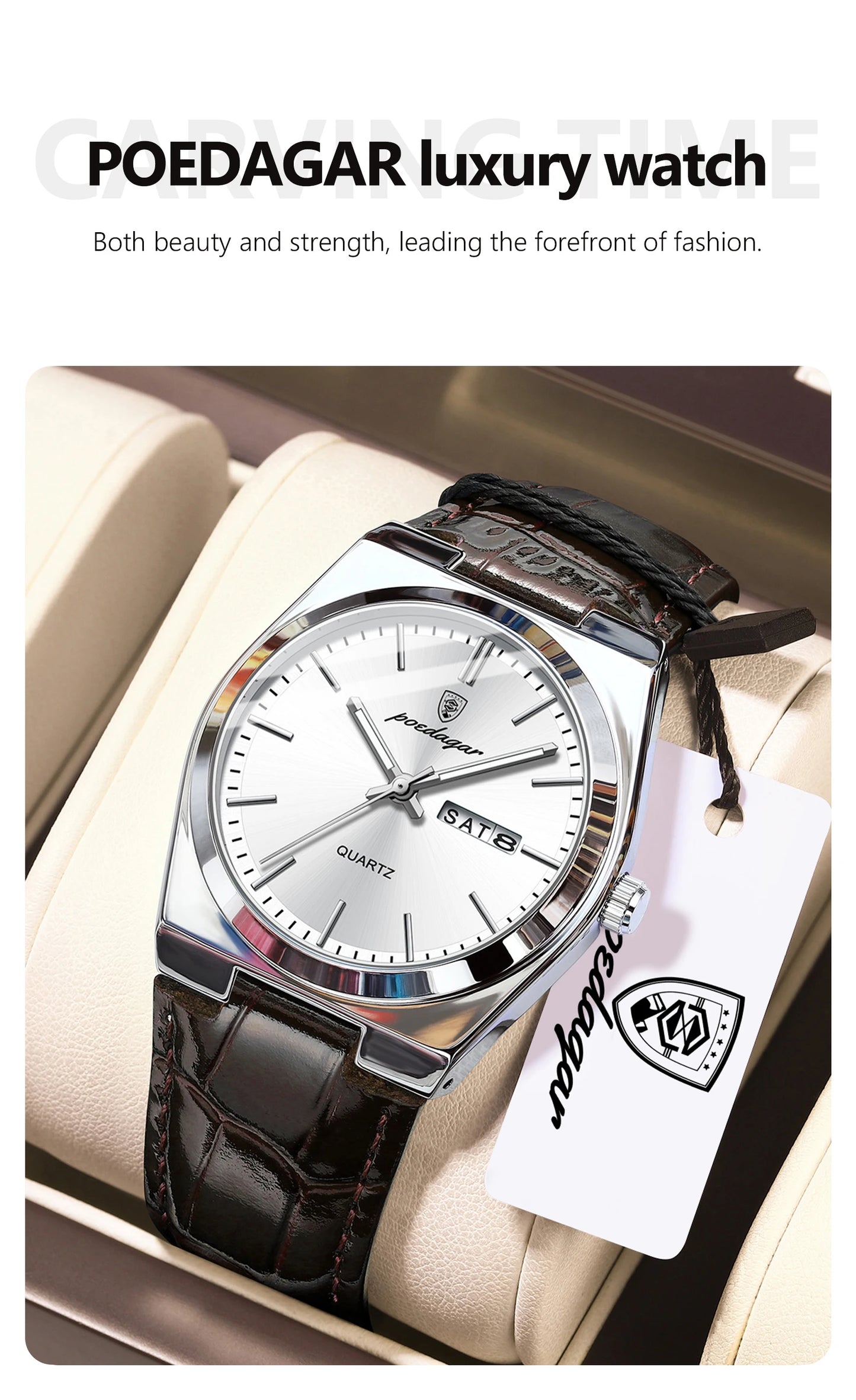 Full Calendar Leather Watch – Luminous Dial with Date, Week & Classic Buckle