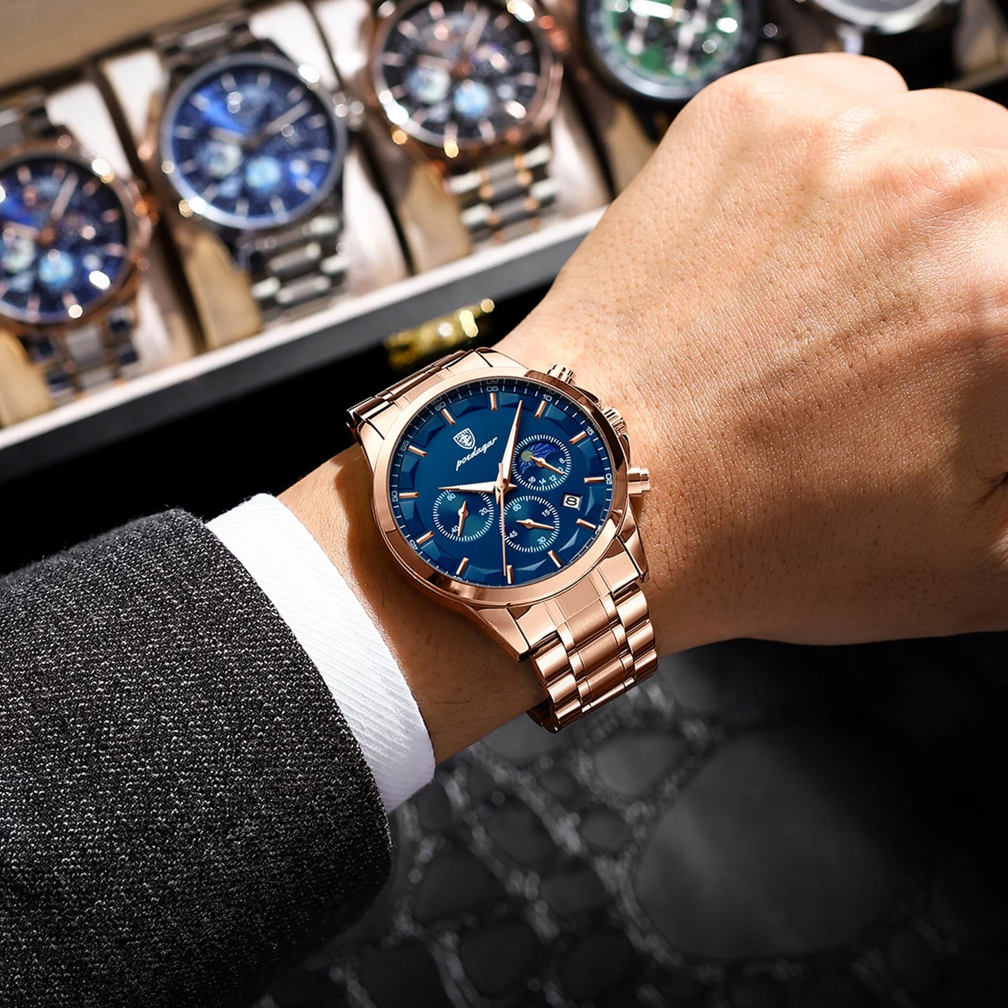 Moon Phase Full Calendar Watch – Luminous Dial with Stainless Steel Bracelet