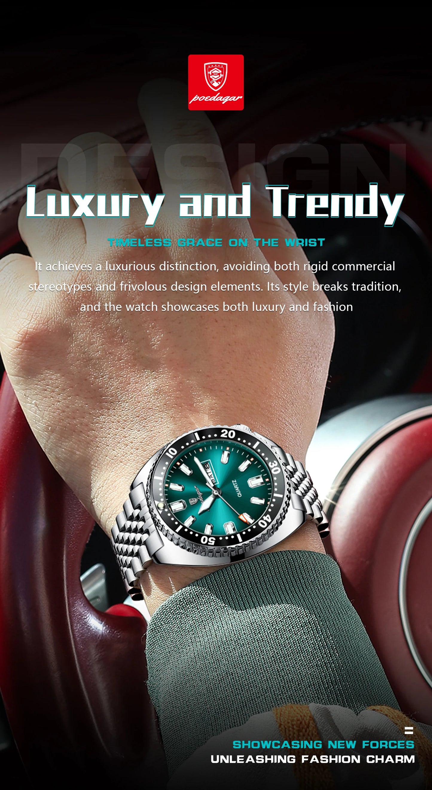 Large Full Calendar Watch – Luminous Dial with Hidden Clasp Bracelet