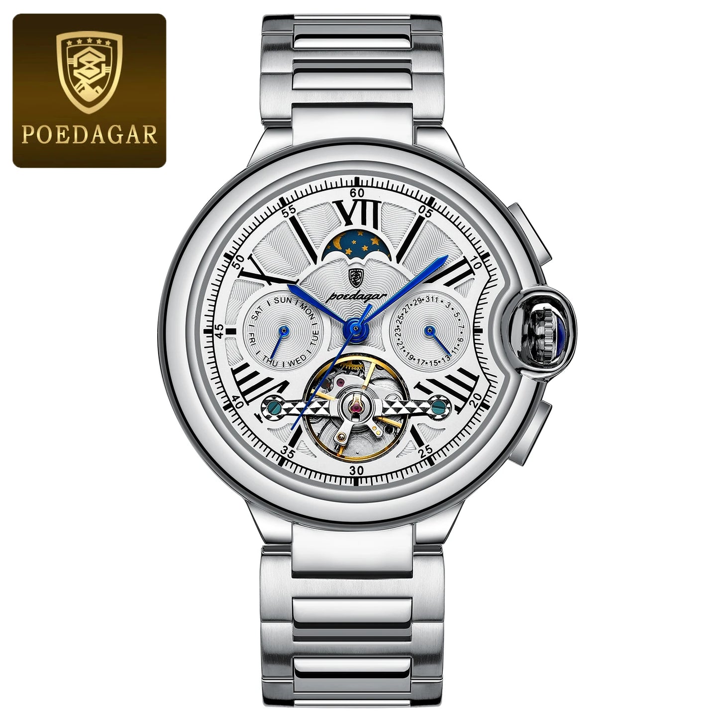 Automatic Skeleton Watch – Tourbillon Style with Moon Phase & Full Calendar