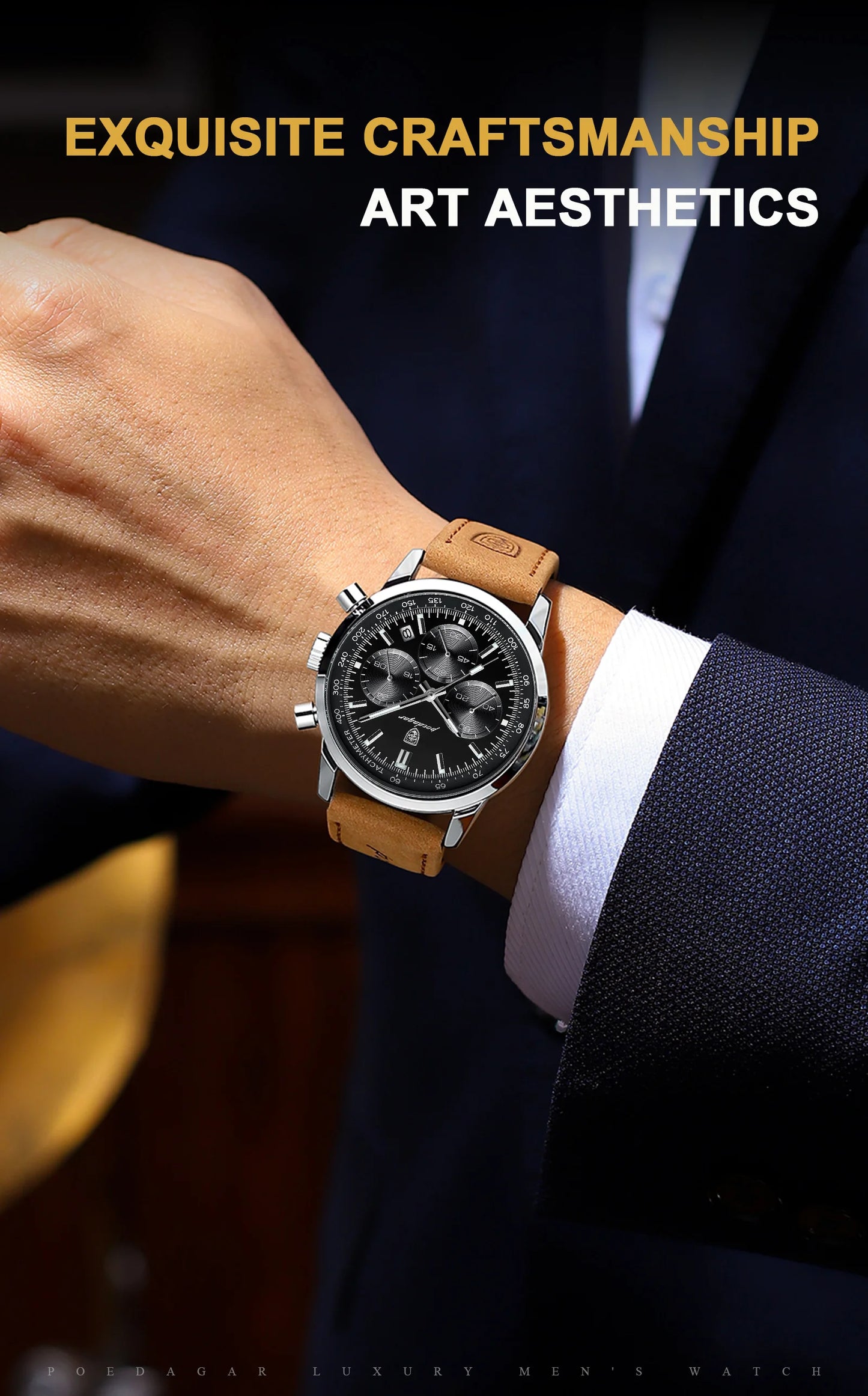 Chronograph Leather Watch – Full Calendar with Luminous Dial
