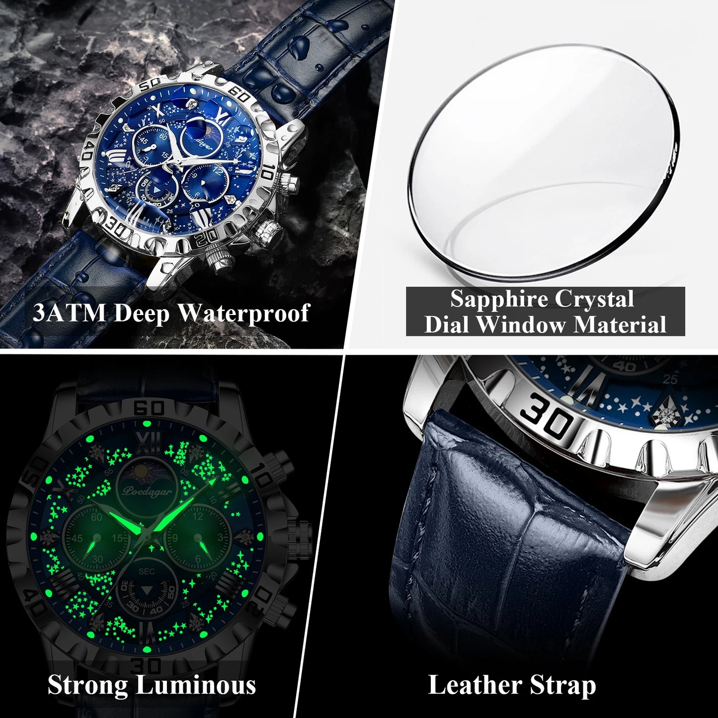 Chronograph Watch with Multiple Time Zone – Leather Strap & Sapphire Crystal