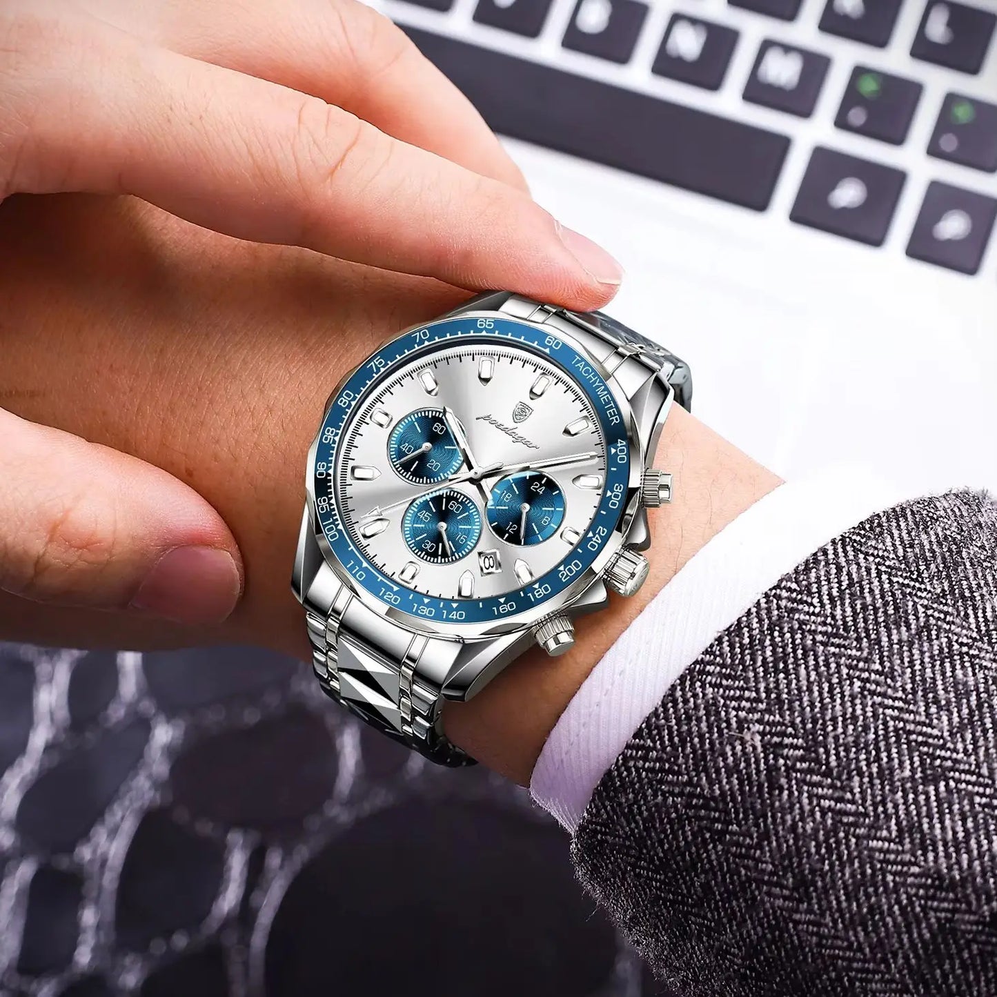 Chronograph Business Watch – Luminous Numberless Dial with Hidden Clasp Bracelet