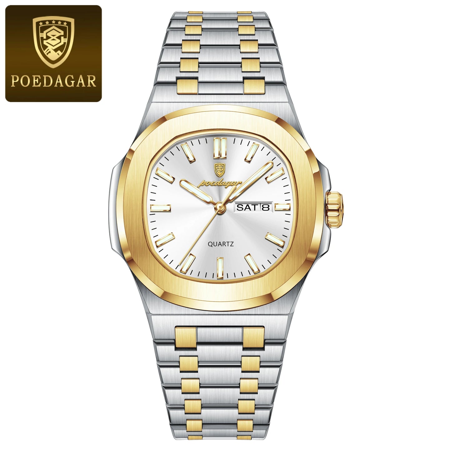 Square Full Calendar Watch – Date & Week Display with Hidden Clasp Bracelet