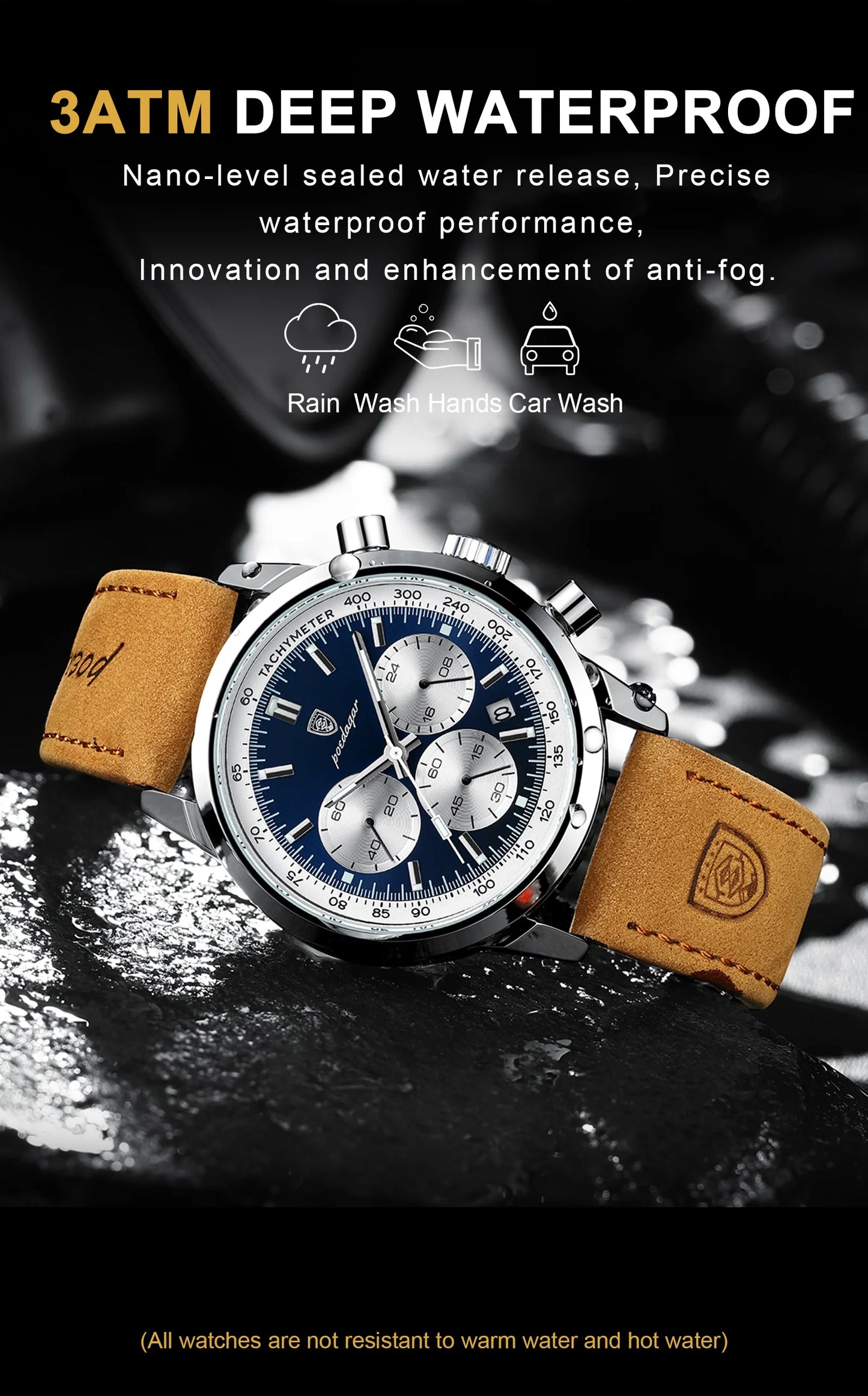 Chronograph Leather Watch – Full Calendar with Luminous Dial