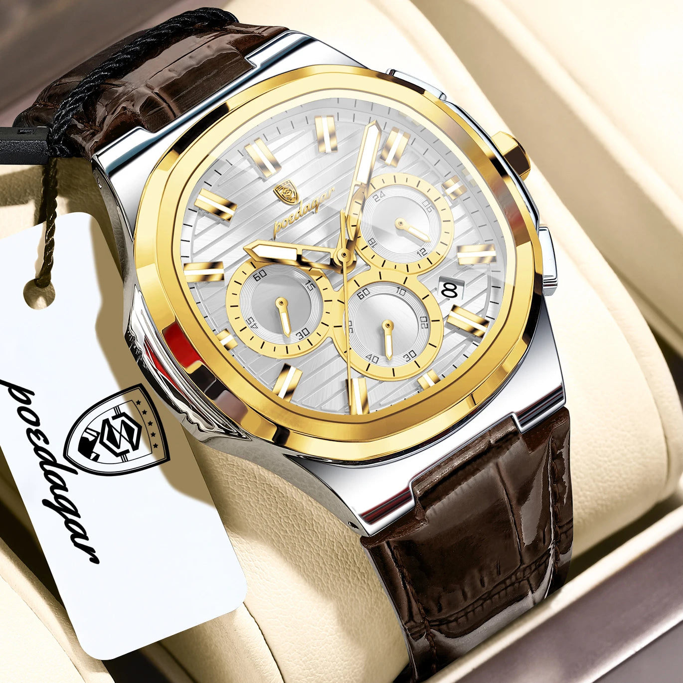 Square Chronograph Watch – Luxe Leather Strap with Luminous Dial & Date