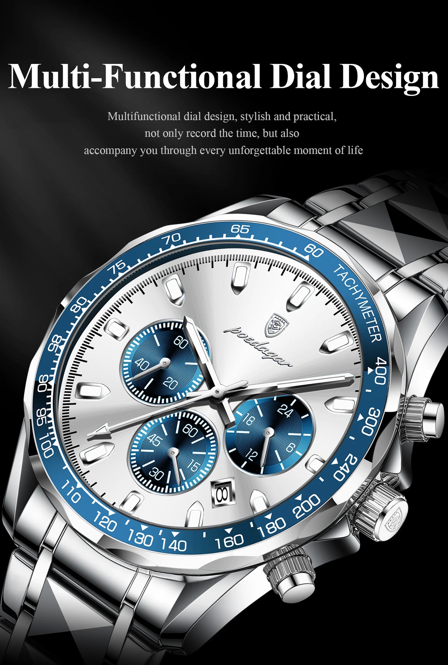 Chronograph Business Watch – Luminous Numberless Dial with Hidden Clasp Bracelet