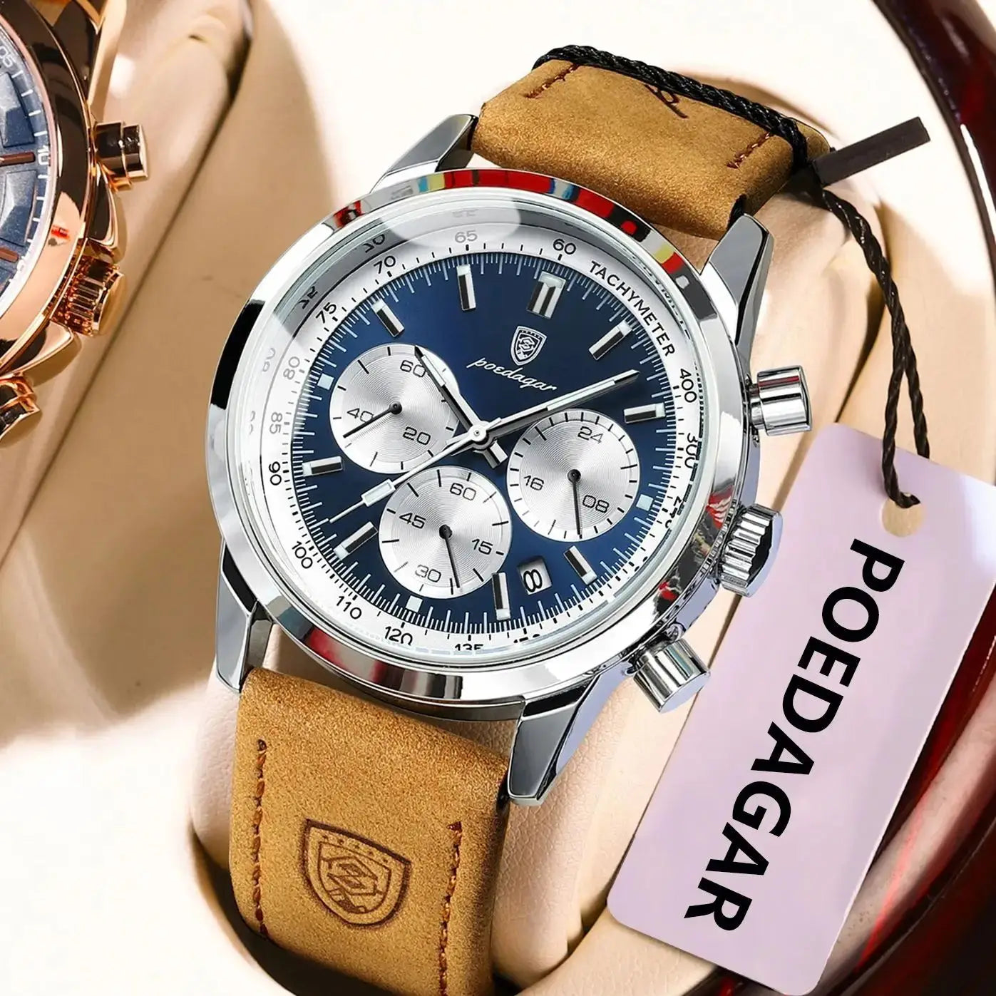 Chronograph Leather Watch – Luminous Numberless Dial with Date