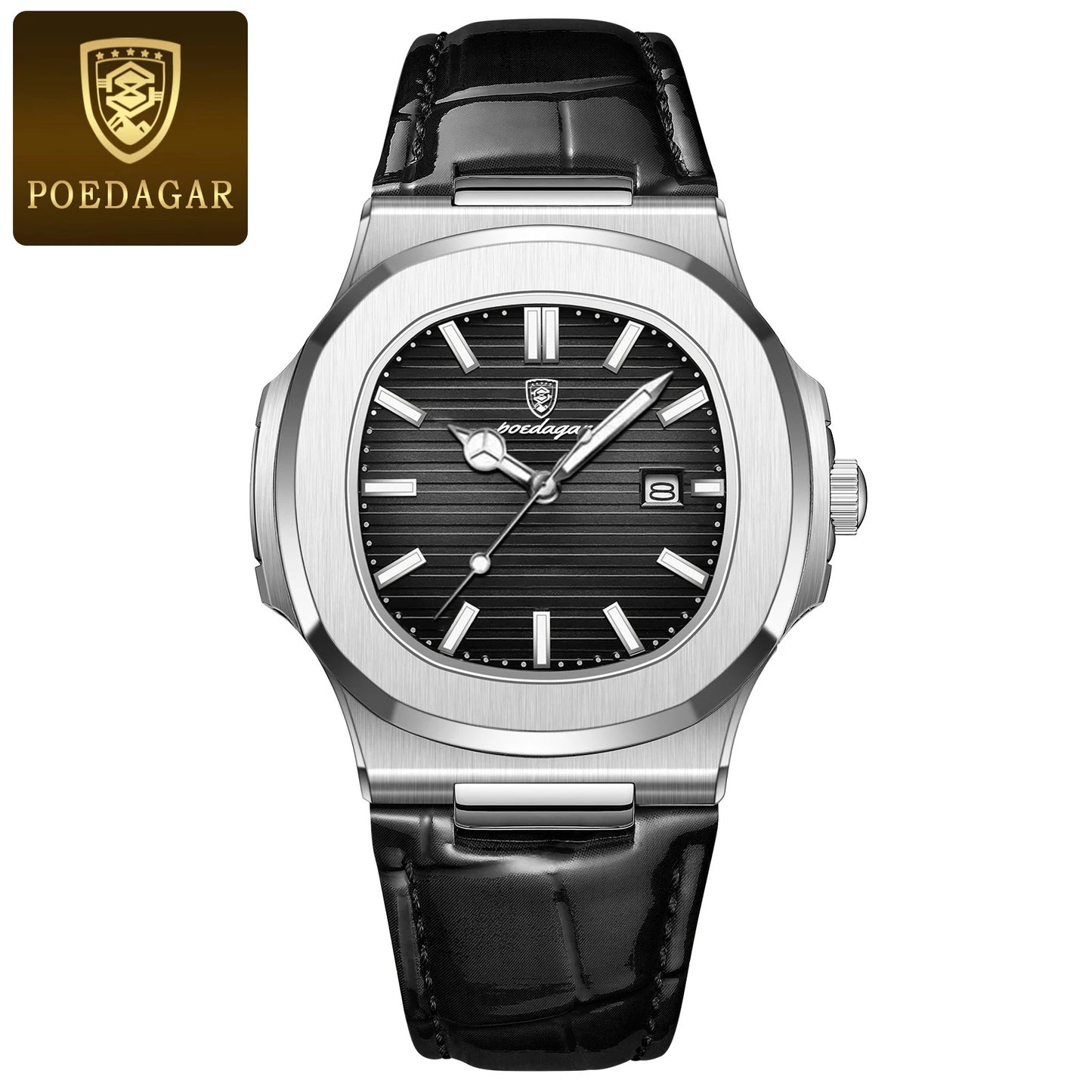 Square Leather Watch – Luminous Dial with Date & Classic Buckle