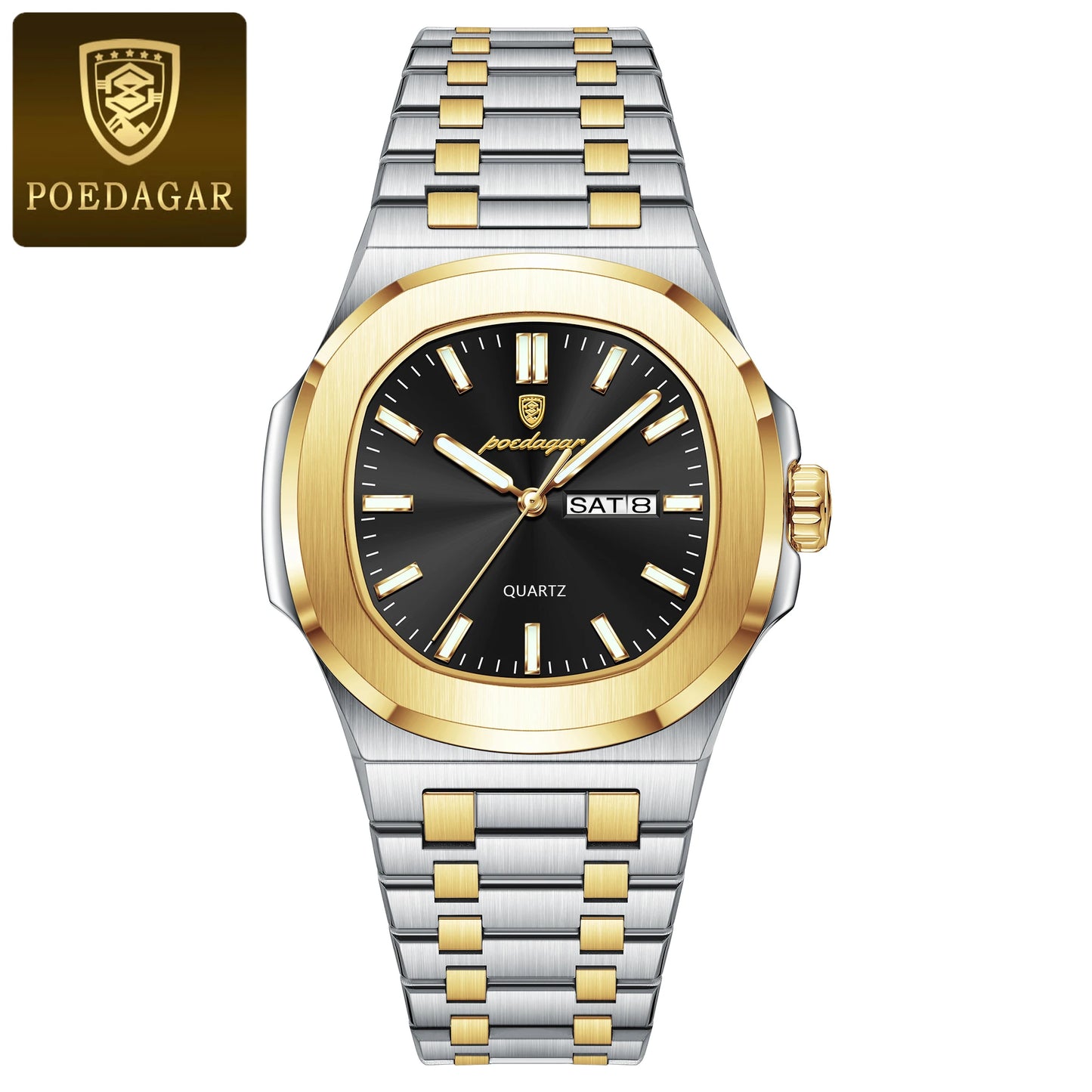 Square Full Calendar Watch – Date & Week Display with Hidden Clasp Bracelet