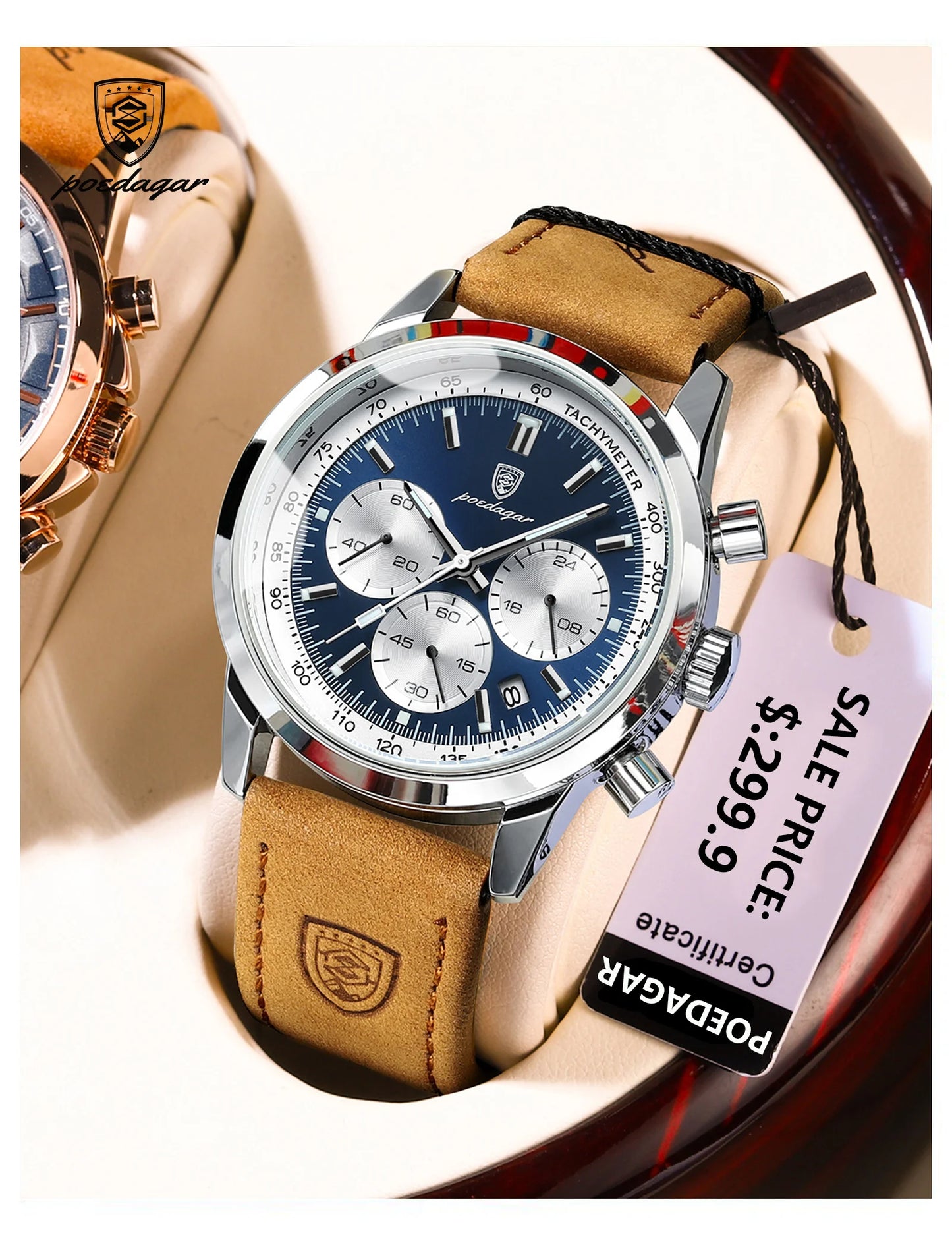 Chronograph Leather Watch – Full Calendar with Luminous Dial