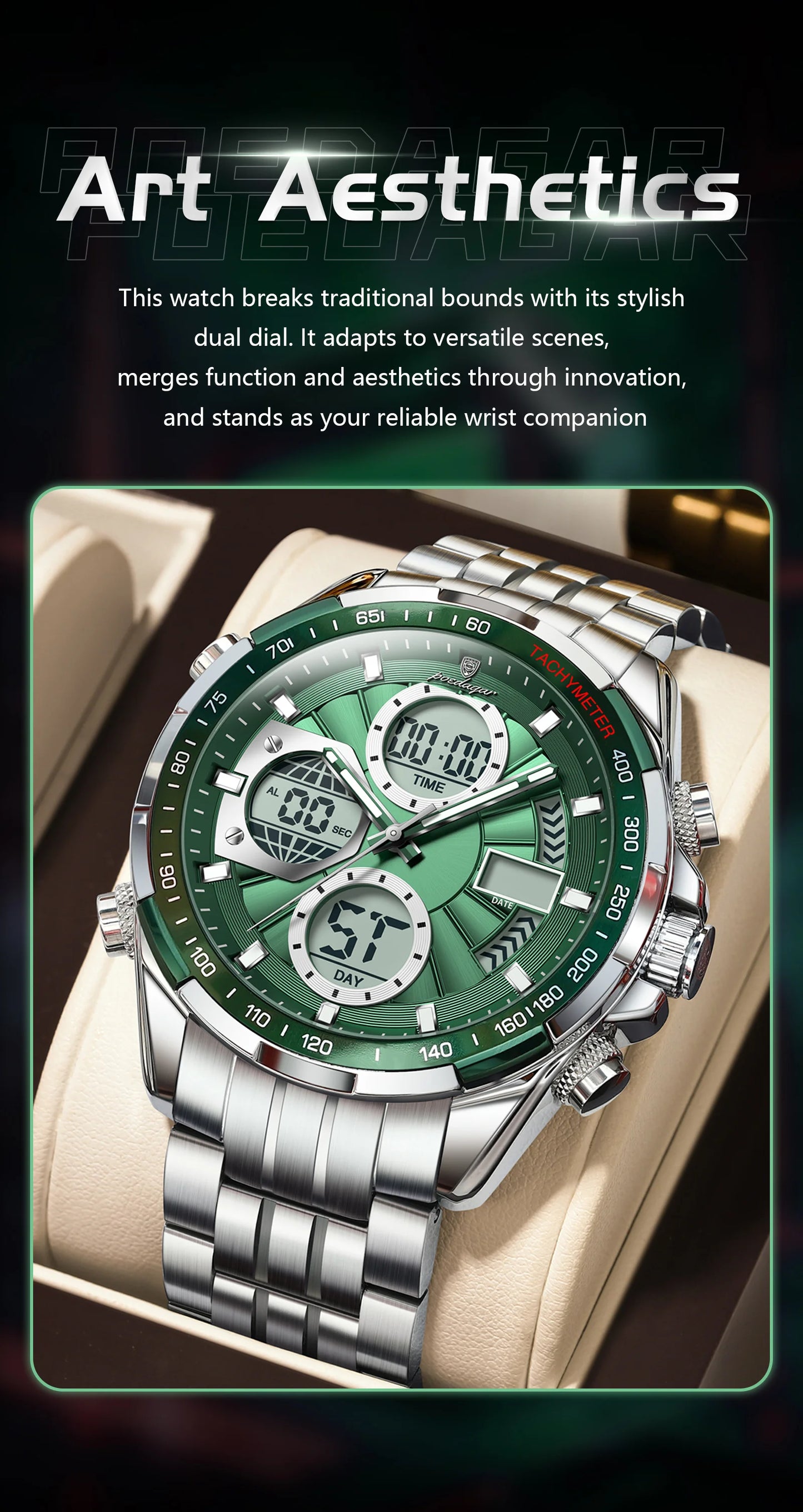 Dual Time Chronograph Watch – Analog-Digital Display with LED & Full Calendar