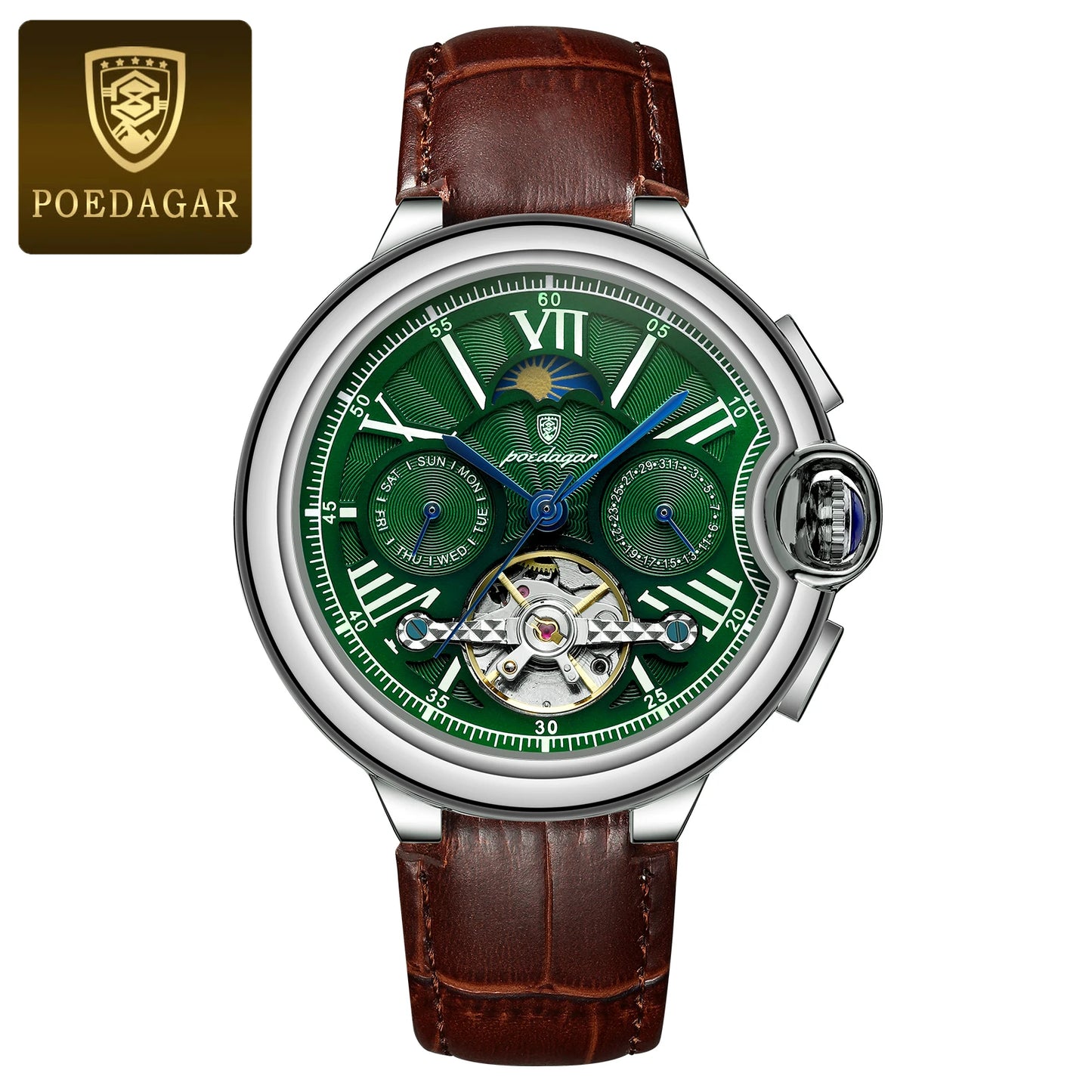Automatic Skeleton Watch – Tourbillon Style with Moon Phase & Full Calendar