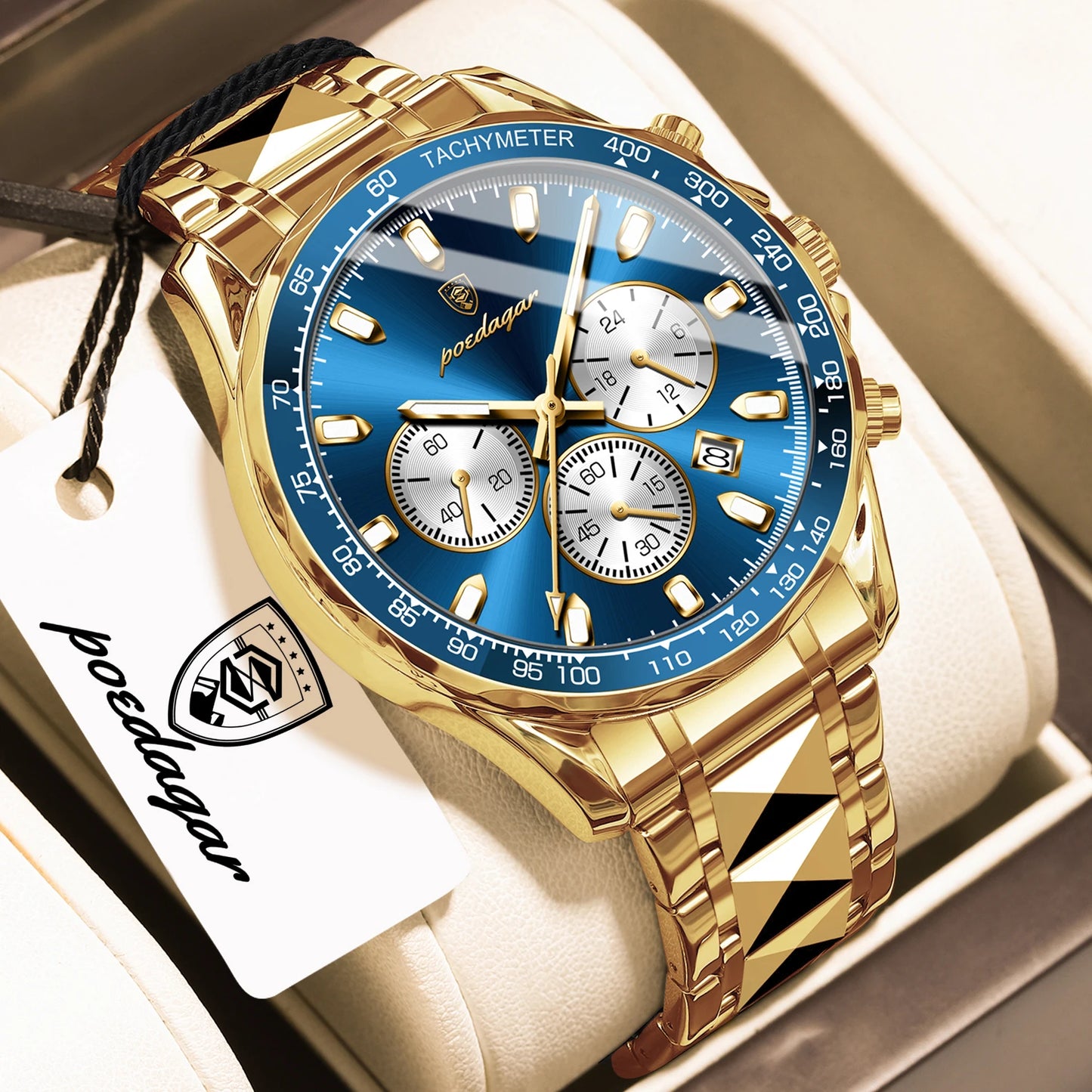 Chronograph Date Watch – Luminous Dial with Hidden Clasp Bracelet