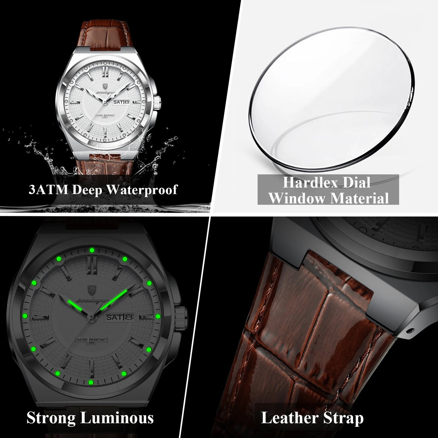 Full Calendar Leather Watch – Luminous Dial with Date & Week Display