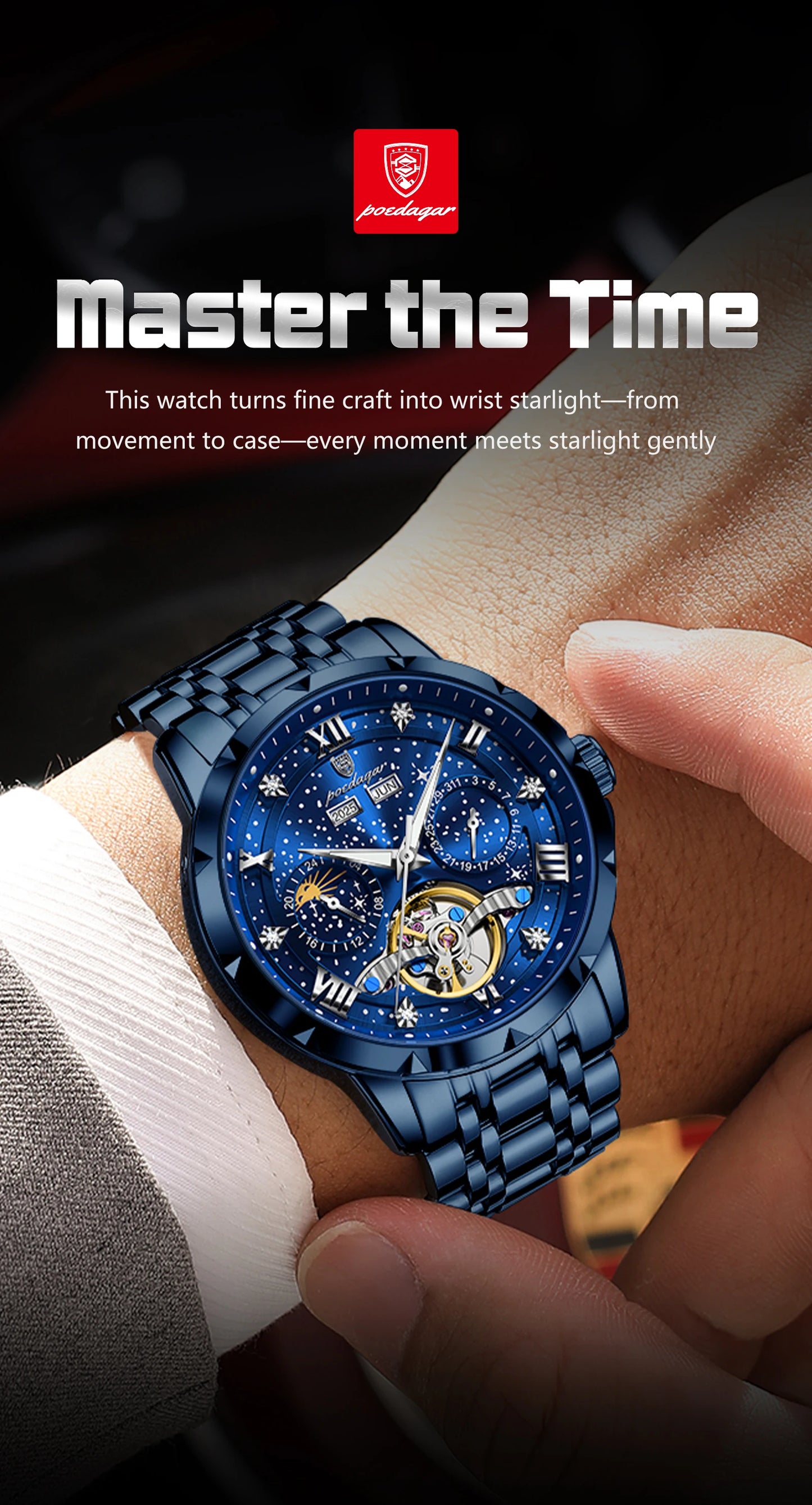 Automatic Skeleton Watch – Tourbillon Style with Roman Numeral Dial & Full Calendar