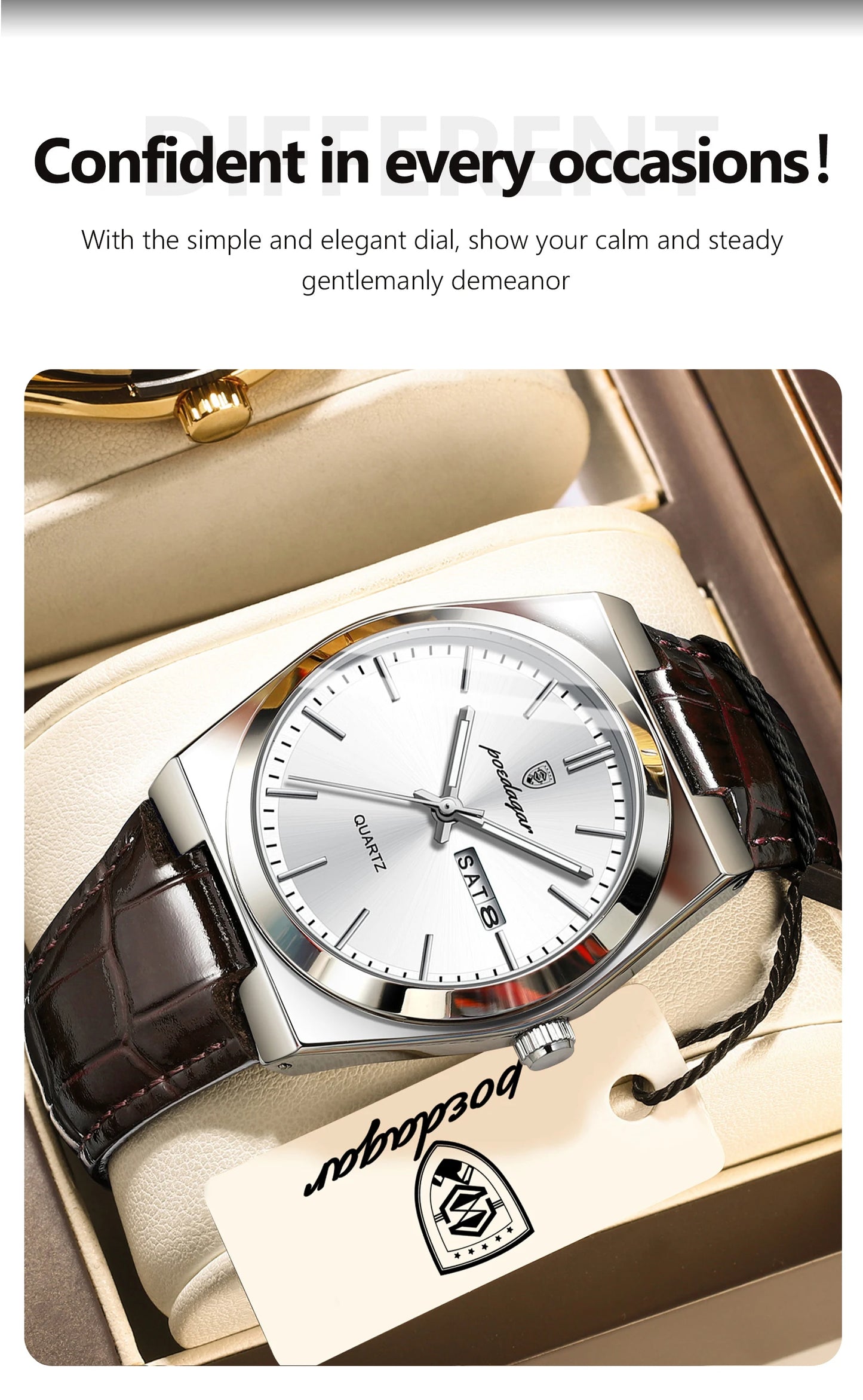 Full Calendar Leather Watch – Luminous Dial with Date, Week & Classic Buckle