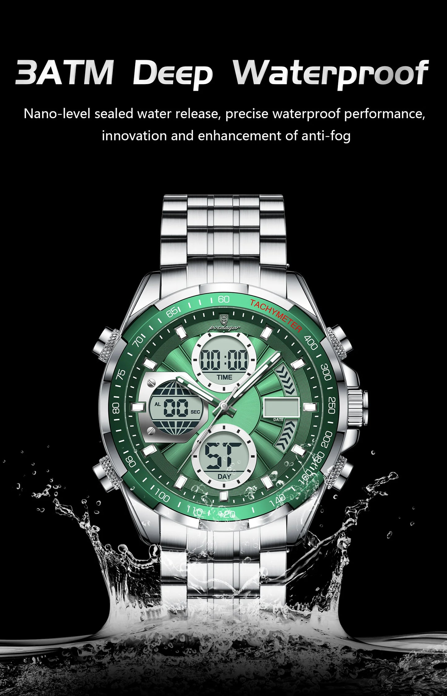 Dual Time Chronograph Watch – Analog-Digital Display with LED & Full Calendar