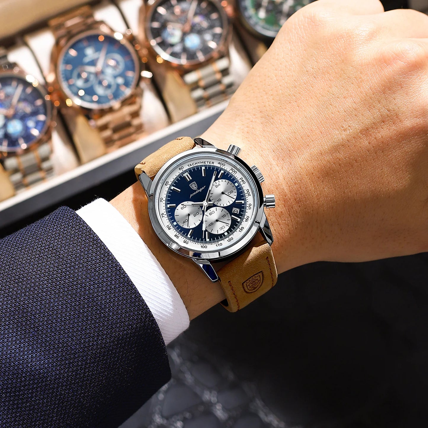 Chronograph Leather Watch – Full Calendar with Luminous Dial