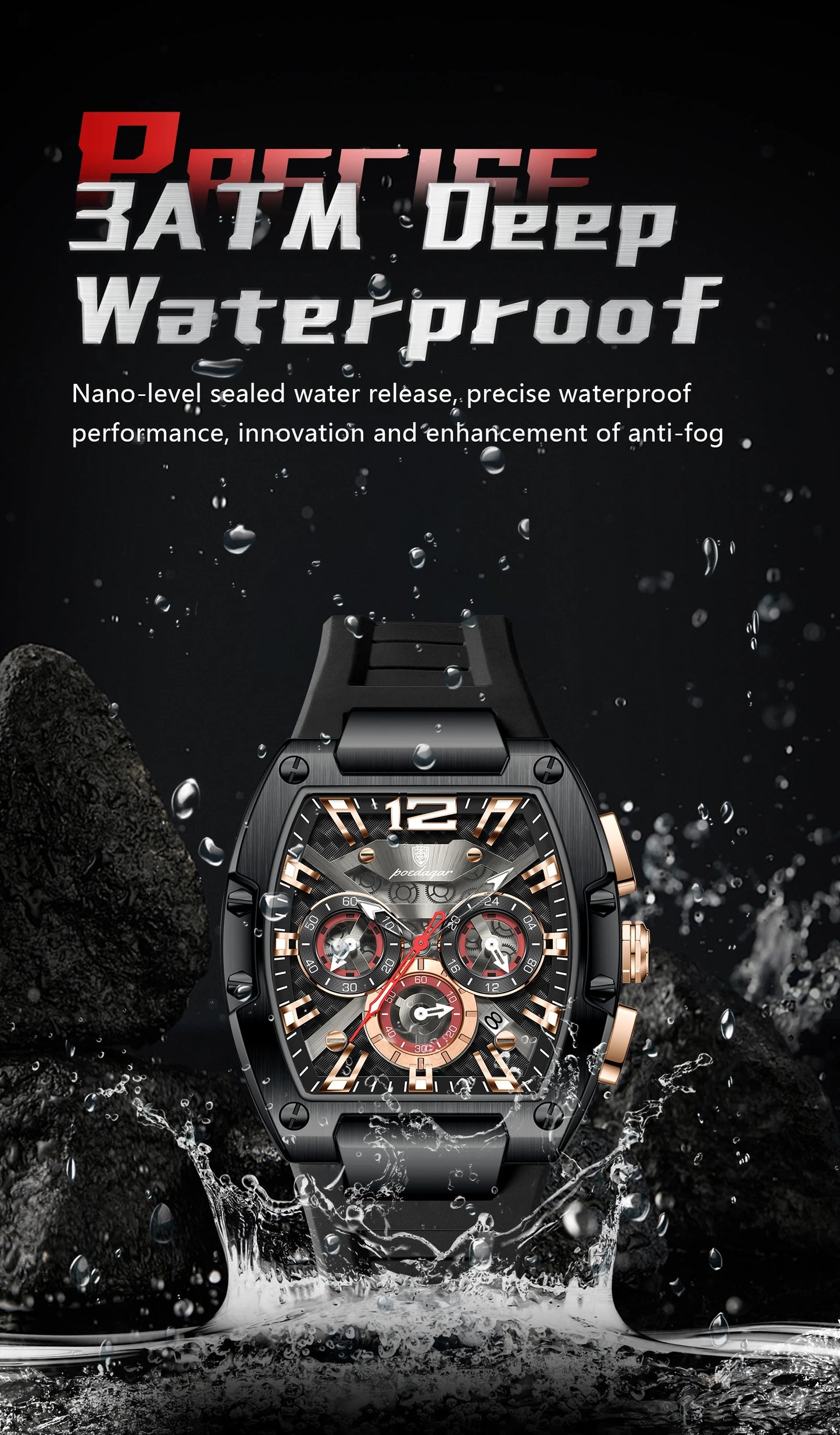Tonneau Chronograph Watch – Roman Numeral Dial with Sapphire Crystal & Silicone Strap