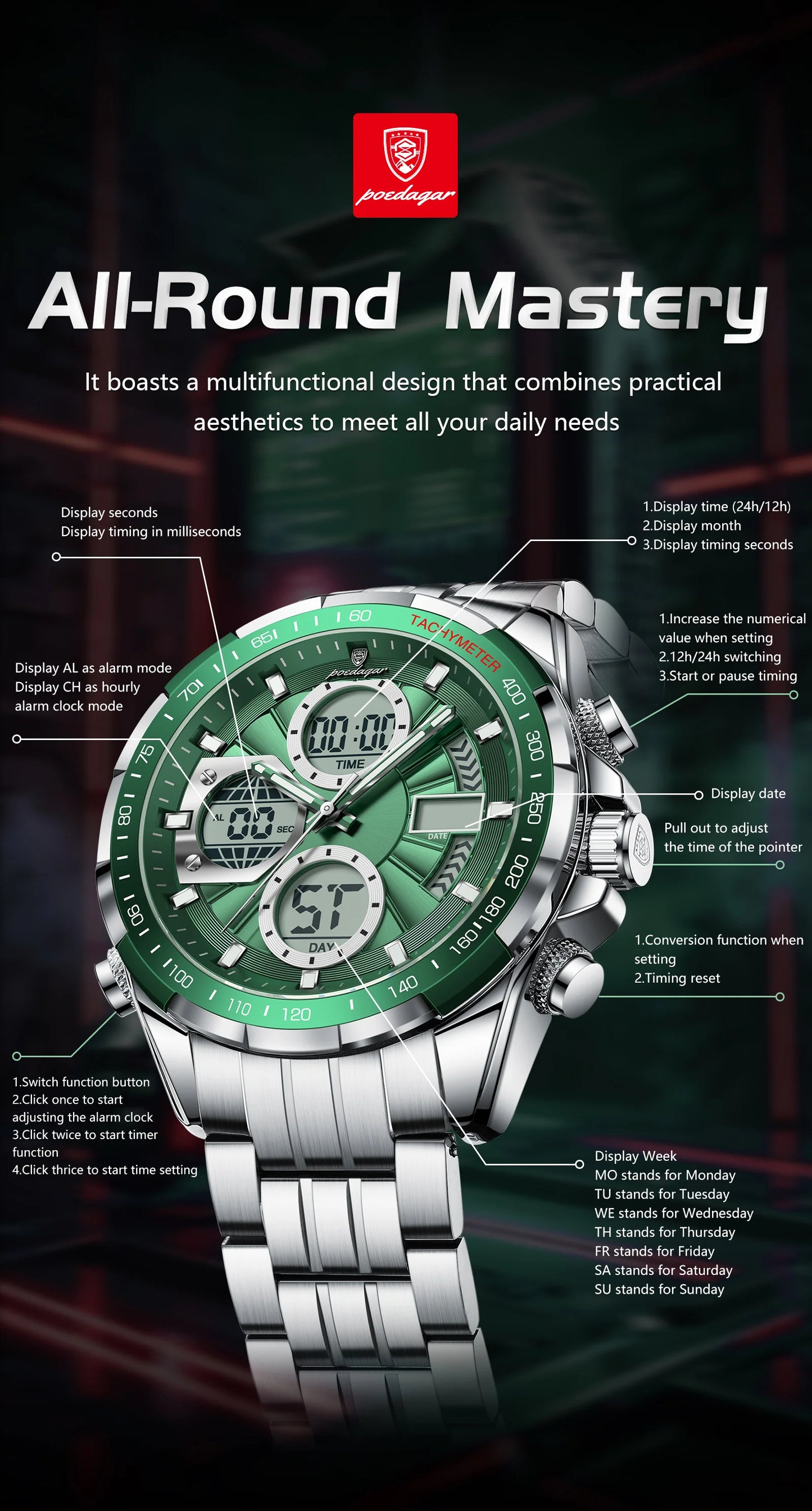 Dual Time Chronograph Watch – Analog-Digital Display with LED & Full Calendar