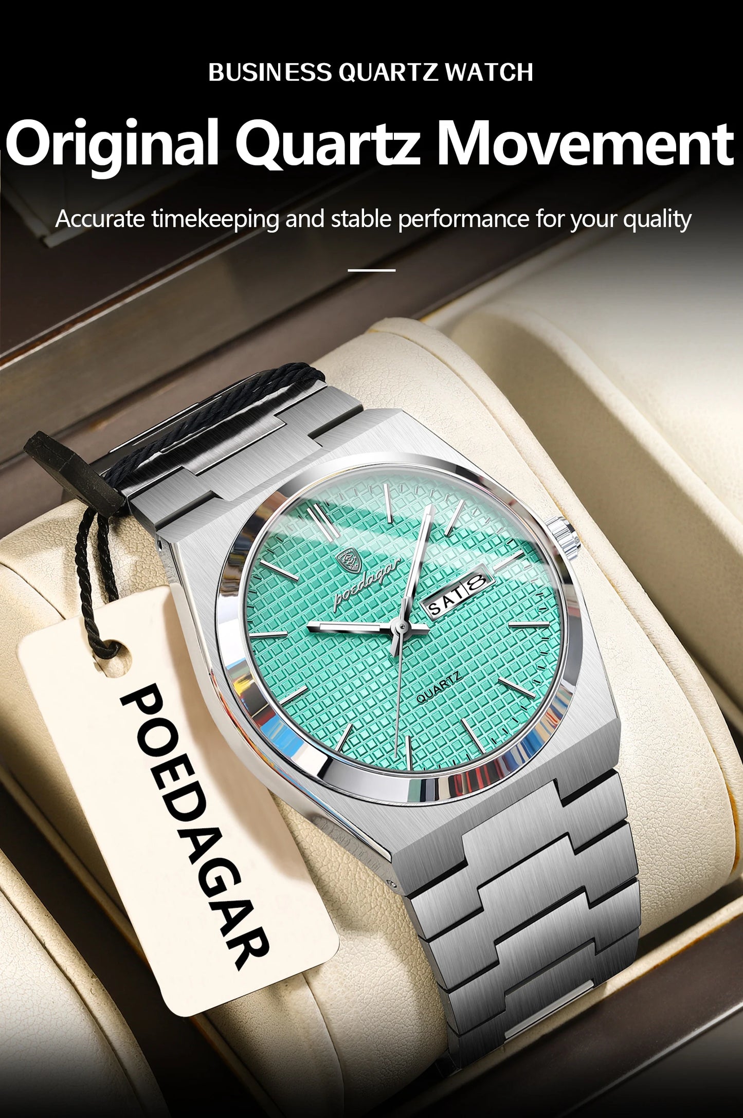Full Calendar Stainless Steel Watch – Luminous Dial with Hidden Clasp Bracelet
